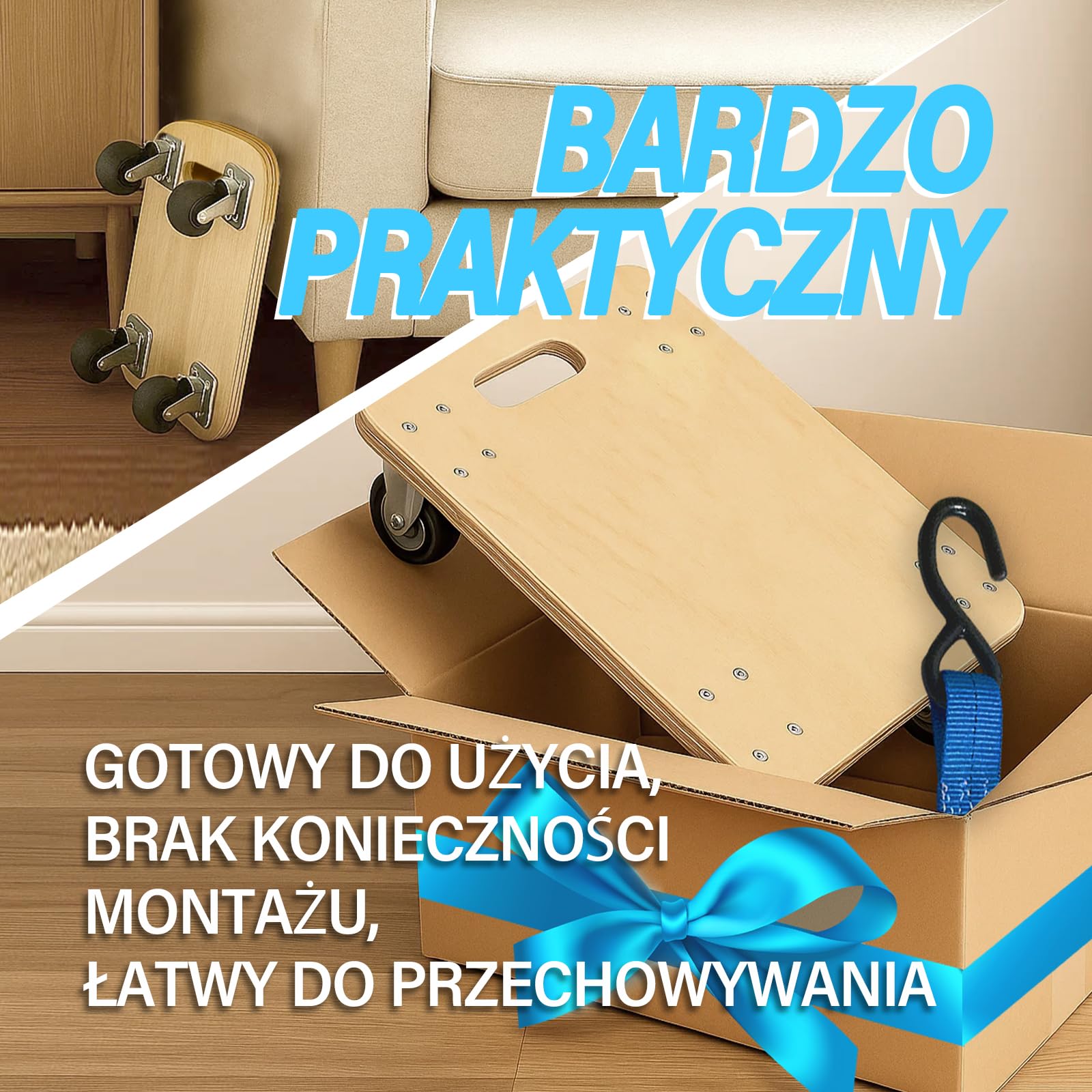 Drewniana Podstawka na Rośliny z Sznurkiem i Hakiem | Platforma 30×30 cm, 1,8 cm Grubości | Udźwig 200 kg | Ciche Kółka 360° | Uchwyt, Bez Montażu