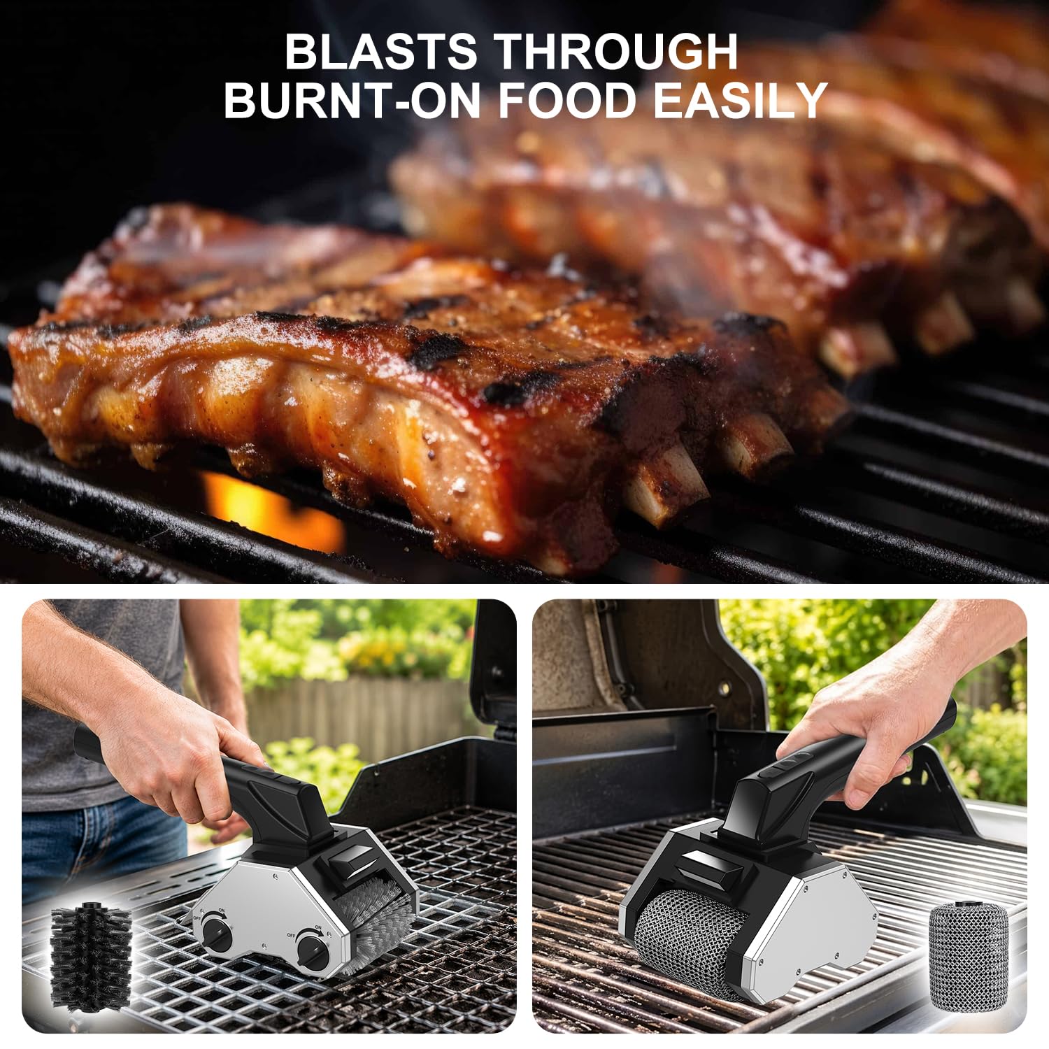 Cepillo eléctrico para parrilla para exteriores, 2026 mejorado 350 RPM inalámbrico limpiador de parrilla de barbacoa con doble cabeza, cepillo de limpieza portátil recargable con luz LED