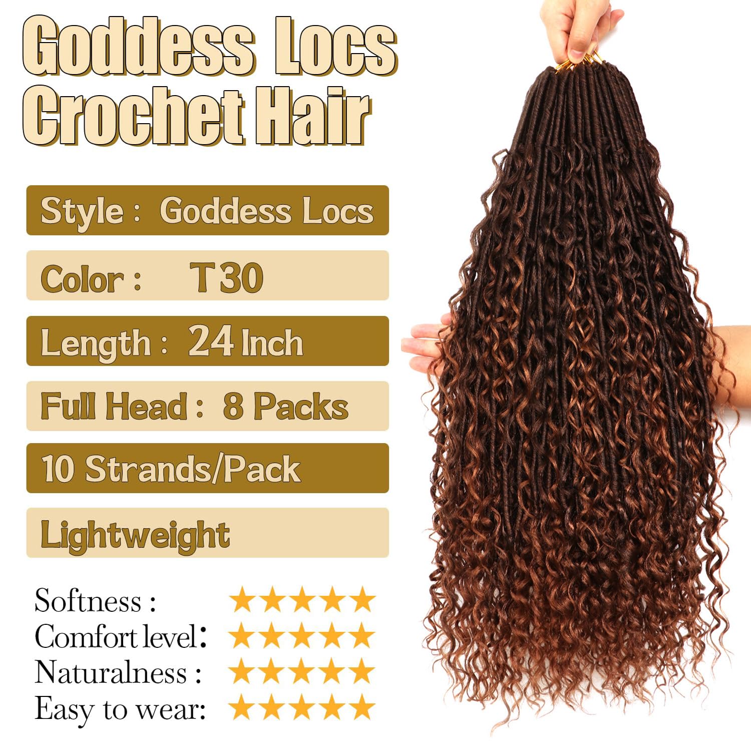 Faux Locs Crochet Hair-Soft Locs Crochet Braids Hair Extensions Goddess Braids Extensions Hair (#T30, 24Inch (Pack of 8)) - Image 2