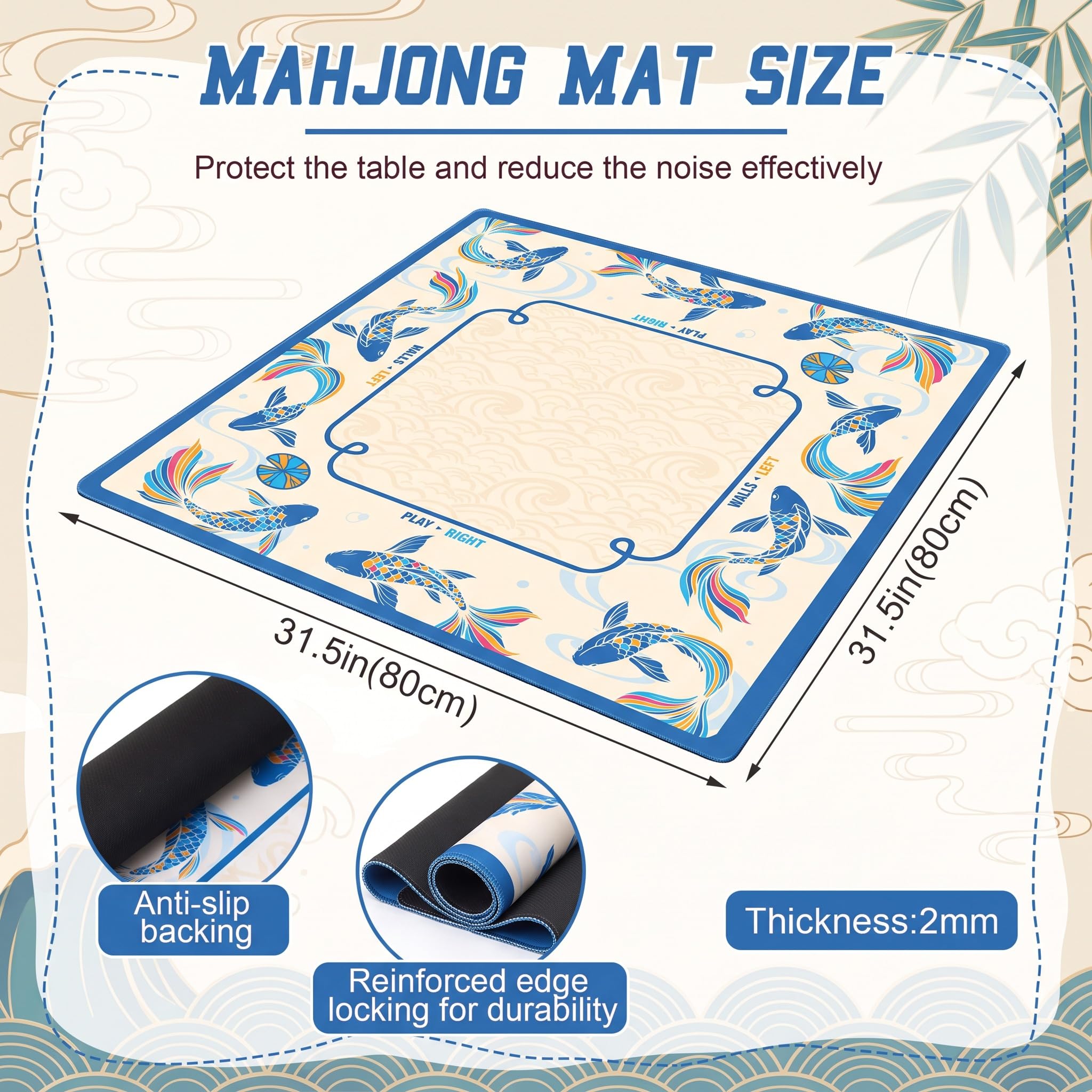 Soulchen Koi Fish Tapis de mahjong américain avec règles pour table Bleu | Tapis de jeu antidérapant avec règles, sans plis, livré roulé, 31,5 x 31,5 cm avec réduction du bruit et sac de transport
