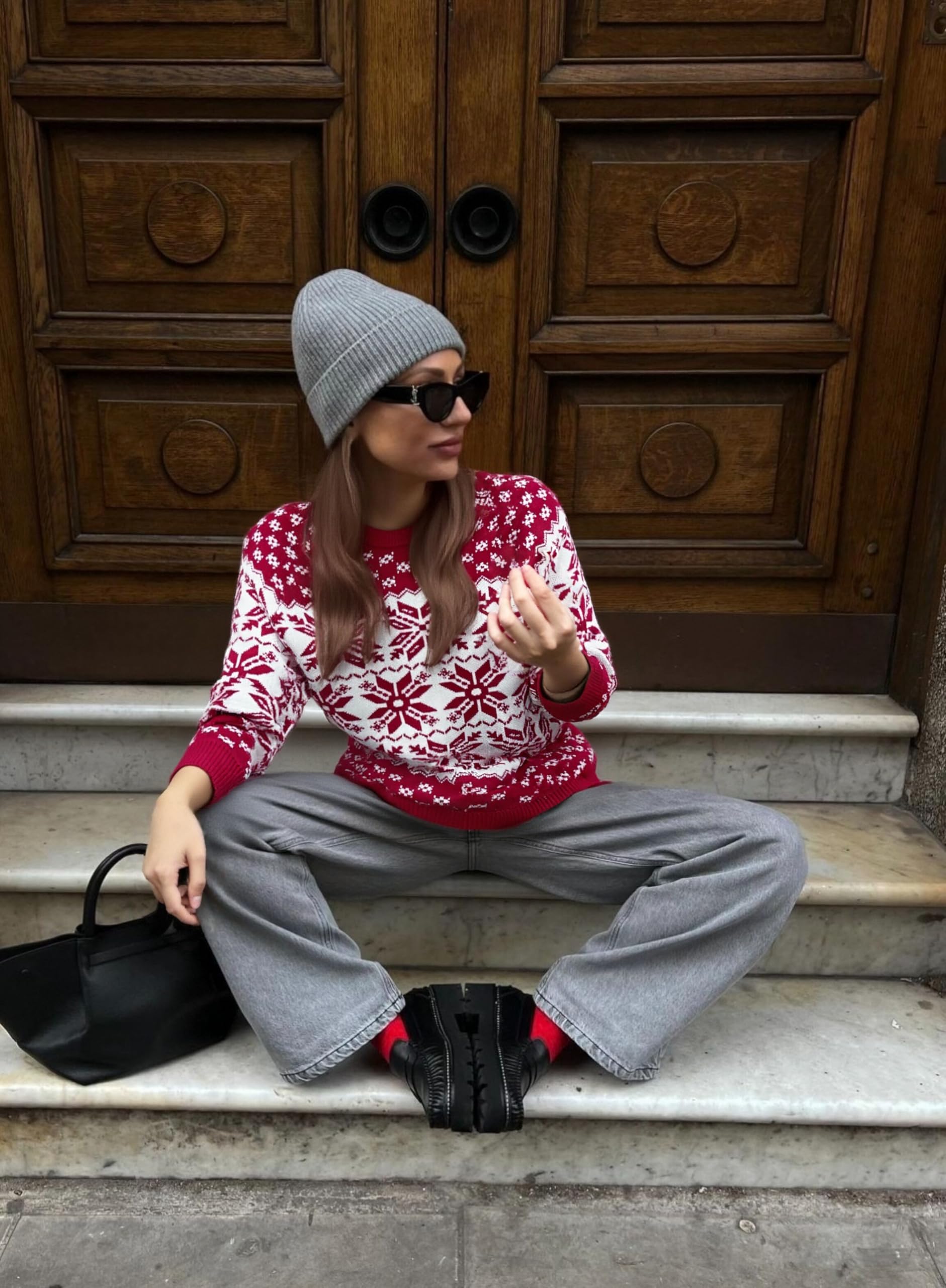 Demegimi Maglioni Natalizi Pullover Natale Maglietta a Manica Lunga Donna Maglione Natalizio Fiocco Neve Alce Girocollo Donna a Maniche Lunghe Maglione Festa Natale