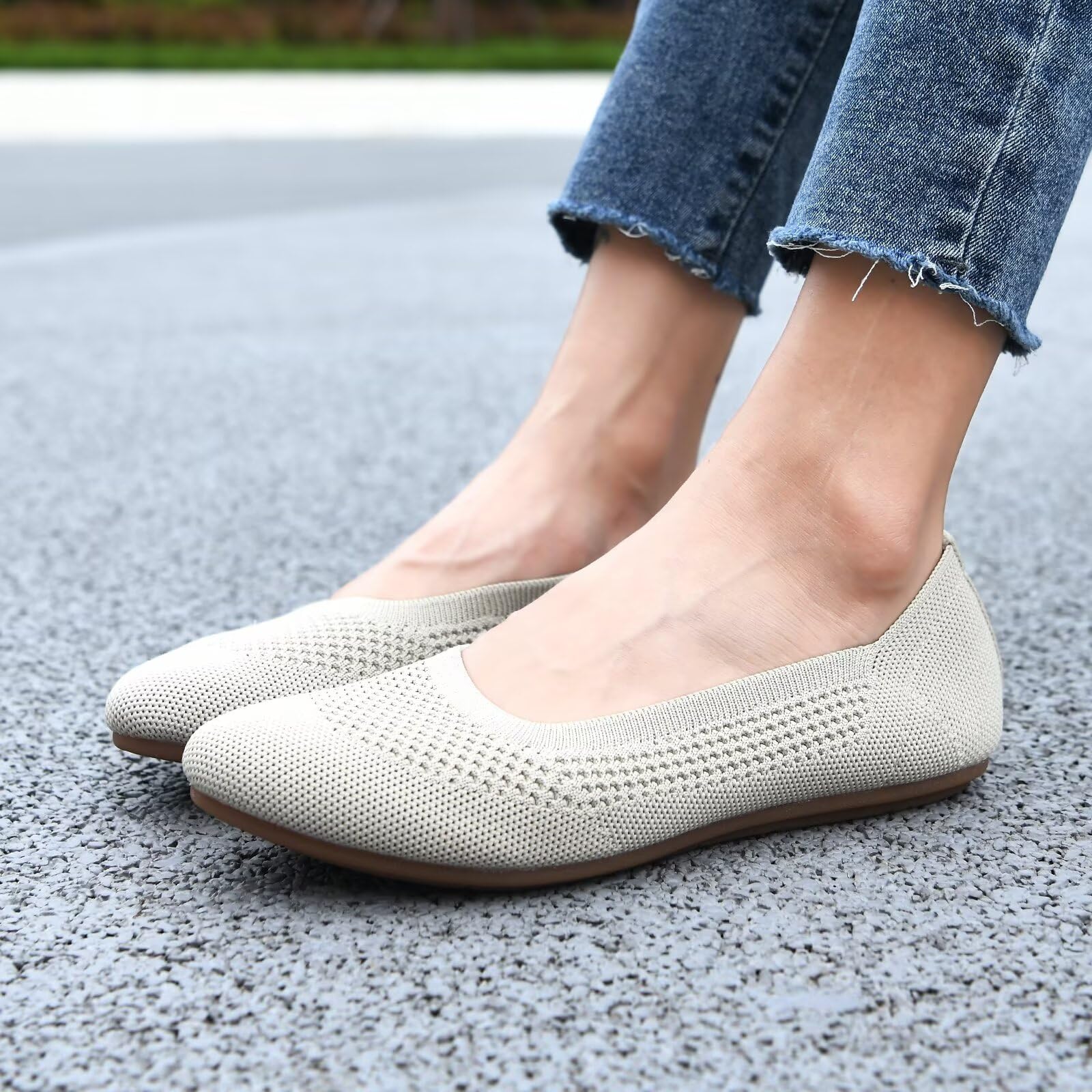 Puxowe Damen Strick-Ballerinas mit Rundkappe Flache Slip-On Schuhe Superweich Niedriger Keilabsatz