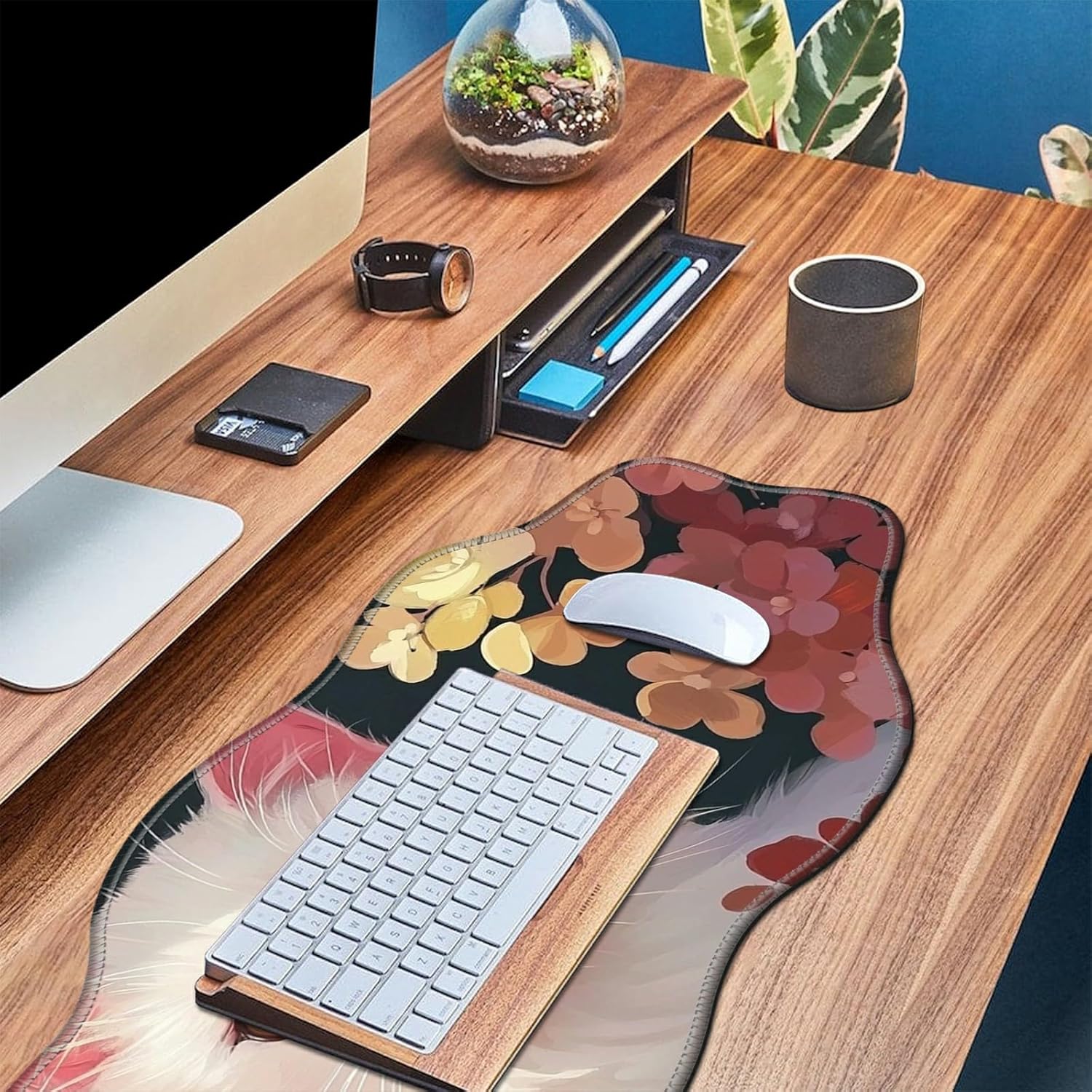 White Cat Flower Desk Mat Mouse Pad 35.4X15.7 XL Extended Mousepad Huge Mouse Pads with Stitched Edges Desk Pad for Work, Game, Office, Home
