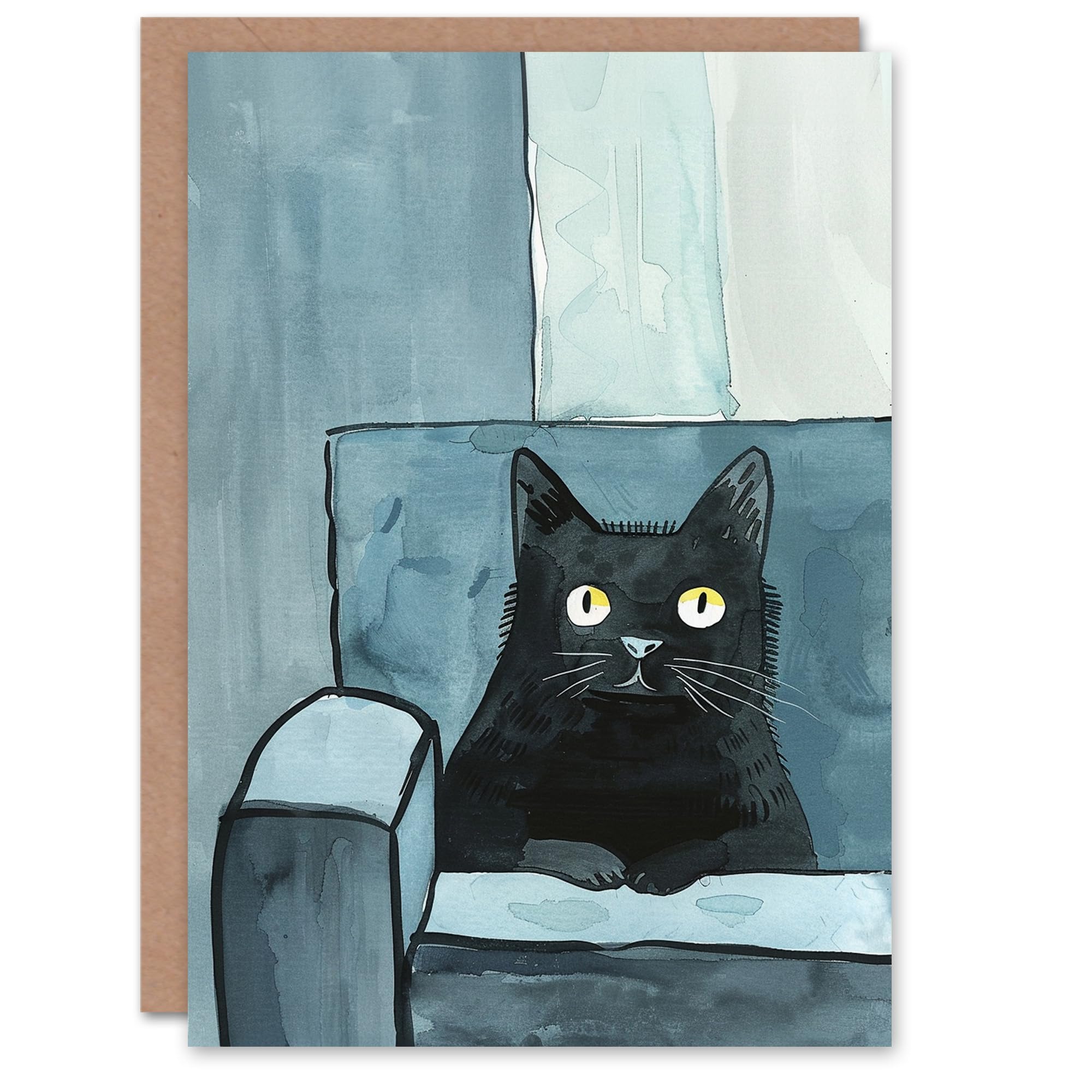 Artery8 Cat Lover Moggie Pet In Couch Fun Watercolour Blank For Him Or Her Art Birthday Card
