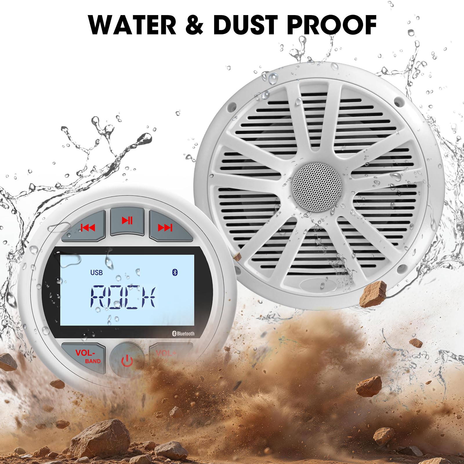 Radio marina con altavoces de 6.5 pulgadas: Bluetooth medidor de barco estéreo - pantalla LCD AUX USB subwoofer AM FM receptor para ATV UTV carrito de golf RZR