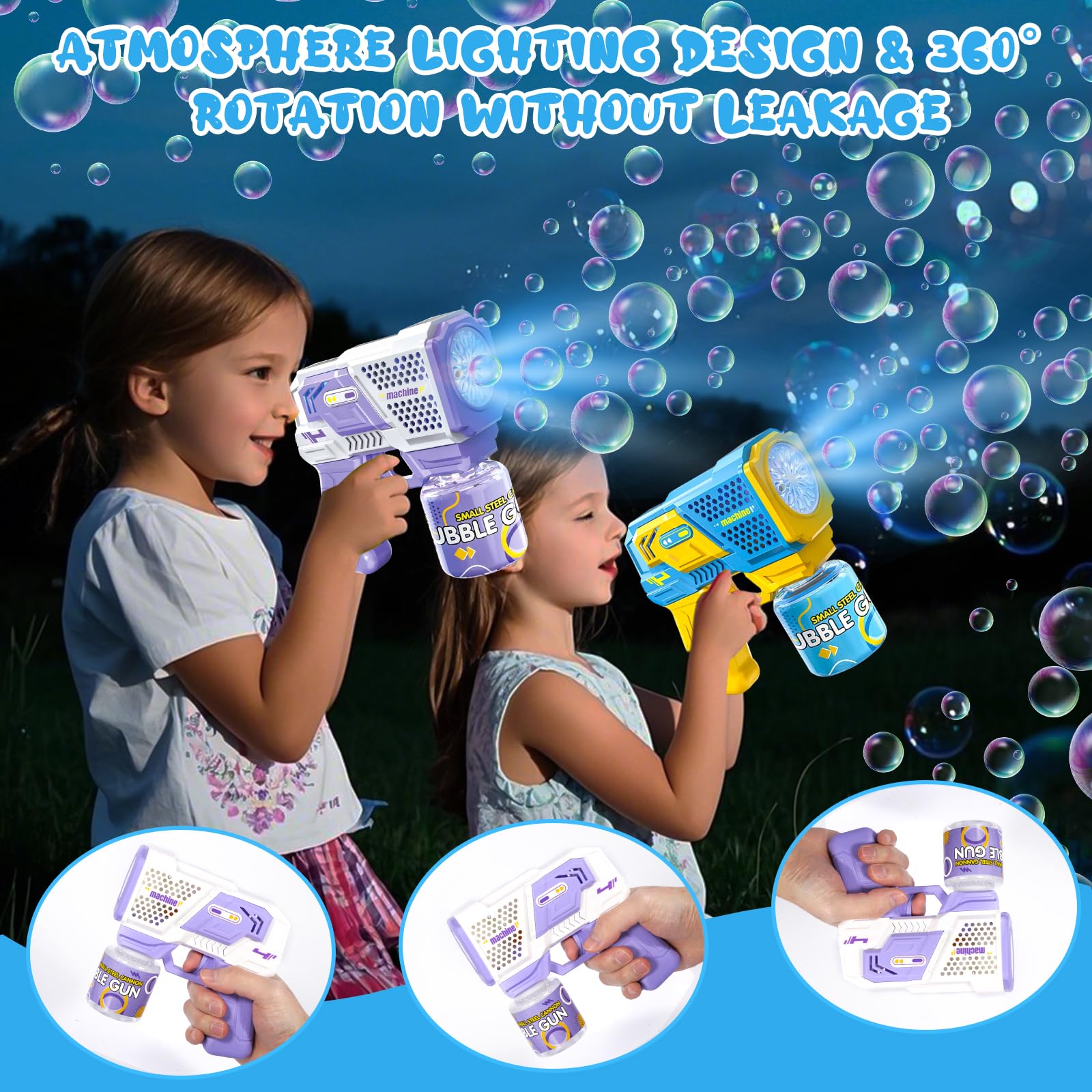 2 Pistolas de Burbujas para Niños, Máquina Automática de Burbujas LED de Jabón 10000+ Burbujas con 4 Soluciones (90 ml), Juguete de Verano, Regalos para Cumpleaños Fiestas, Aire Libre Bodas