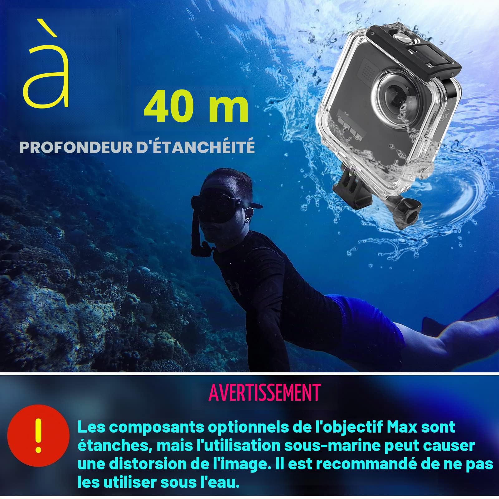 Boîtier étanche pour caméra d'action Gopro Max 40 m, avec support de montage