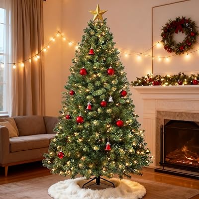7ft Per-Lit Artificial Christmas Tree with 400 Warm White Lights, Premium Full Hinged Prelight Christmas Tree with 1072 Steel Branch Tips, Green Xmas Tree for Easy Holiday Setup,Foldable Base
