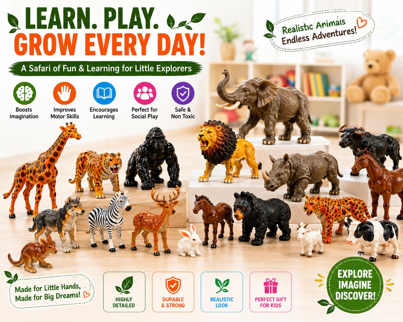 Wild & Farm Animal Figures Set for Kids - 24 Toys -9
