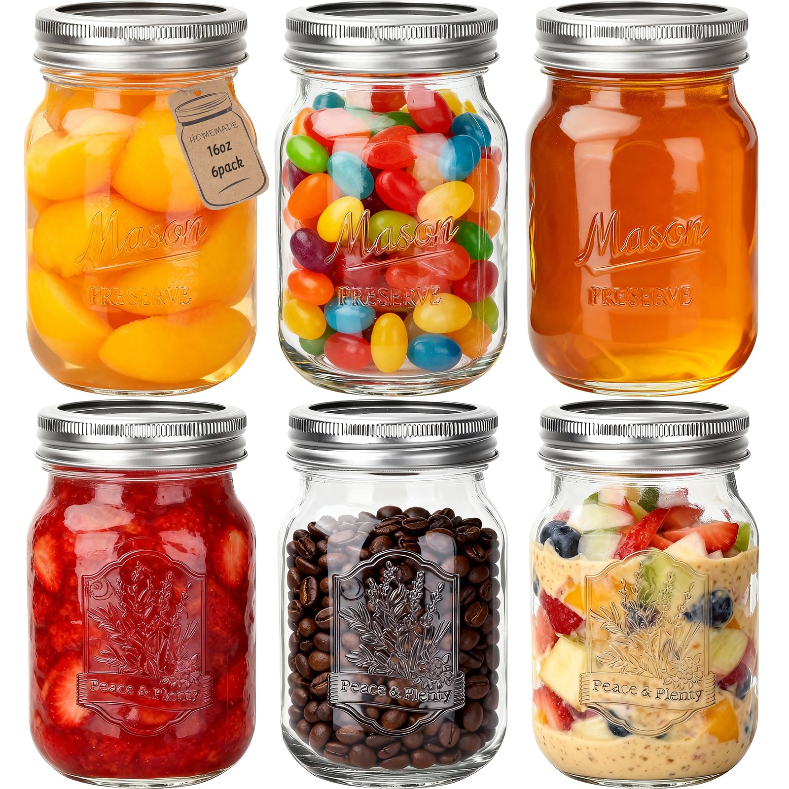 HYCKee 480ml 6 Pack Mason Glass Jars with Airtight Lids and Bands, Embossed Design Canning Jars, Regular Mouth Glass Jars for Pickling, Meal Prep, Freezing, Fermenting, Preserving, Jar Décor
