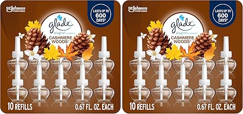 Glade PlugIns - Recambios de ambientador, aceites esenciales y perfumados para el hogar y el baño, maderas de cachemira, 0.67 onzas líquidas, 10