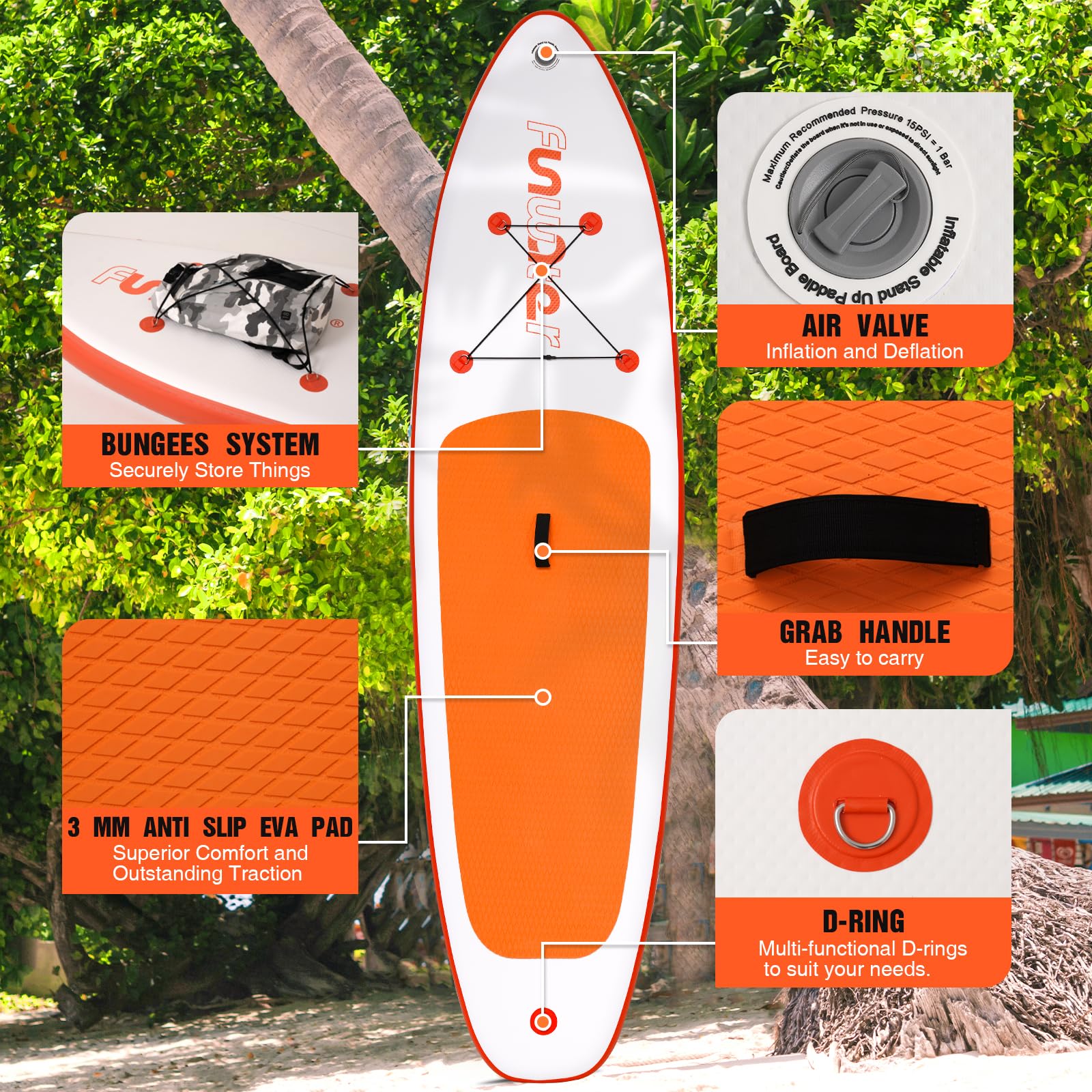 FunWater Aufblasbares Stand Up Paddle Board 10'–11'SUP Set mit Paddel & Pumpe, rutschfestes Eva-Deck,2 Person/Familie langlebig & stabil, ideal für Erwachsene & Einsteiger