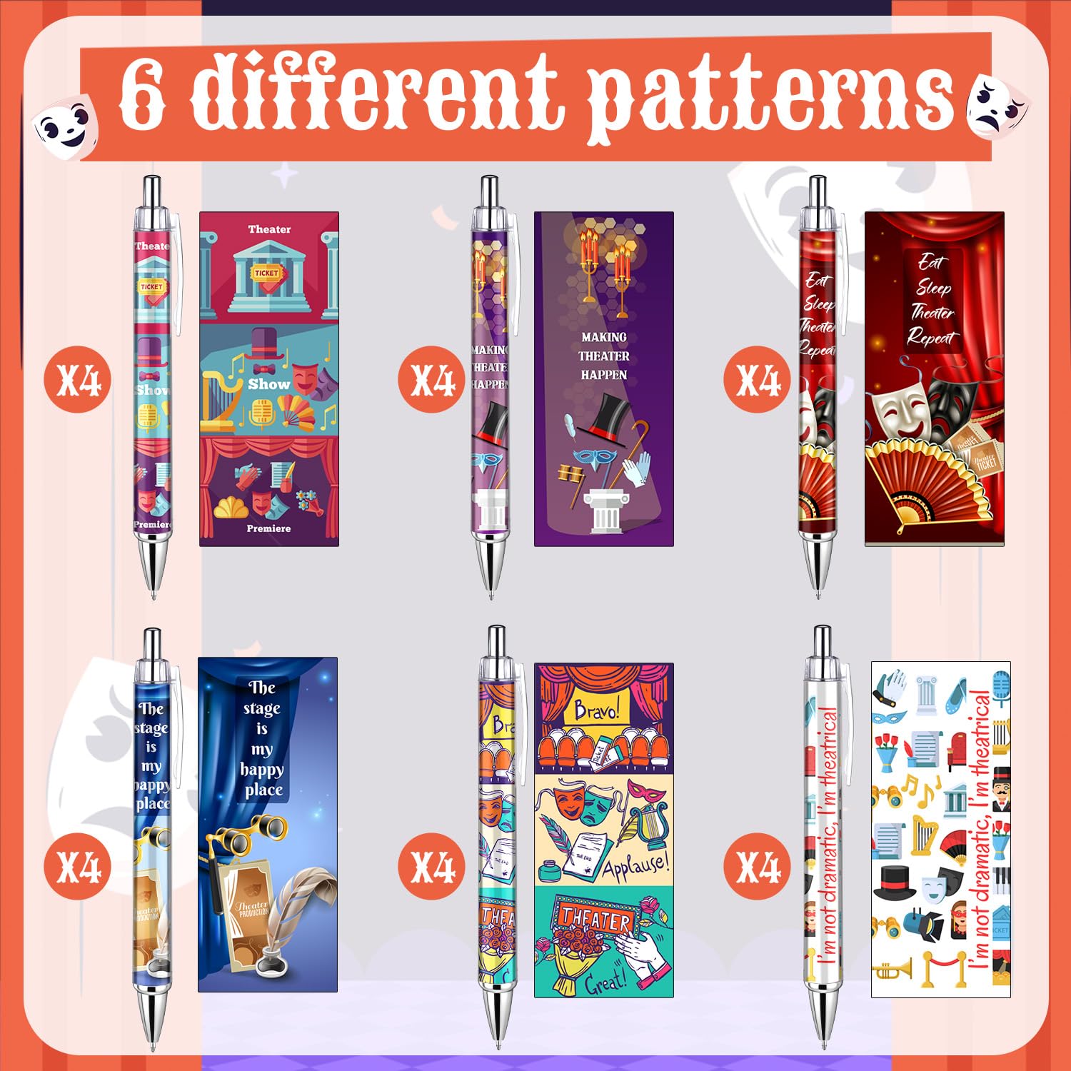 Feifeiya 24 Pack Musical Theater Gifts for Women Men, Ballpoint Pen Set with Quotes, Funny Theater Actor Gifts for Musical Broadway Theatre Lovers Friends, Actors