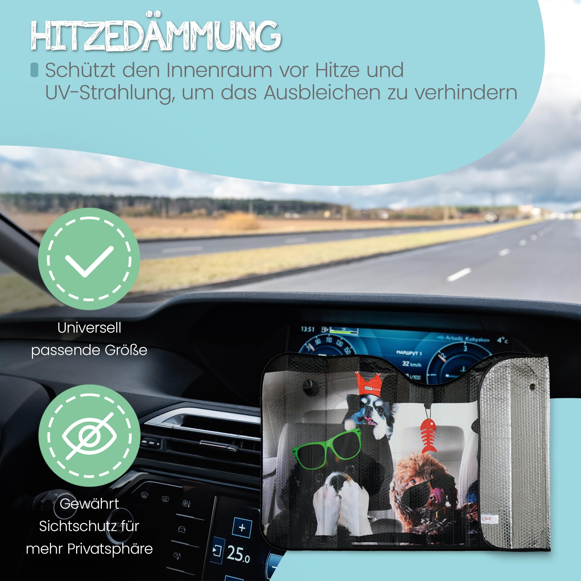 OK Cars Aluminiowa ochrona przed słońcem na przednią szybę samochodu – 130 x 70 cm – ochrona przed wysoką temperaturą samochodu – uniwersalna ochrona przed słońcem – składana szyba przeciwsłoneczna