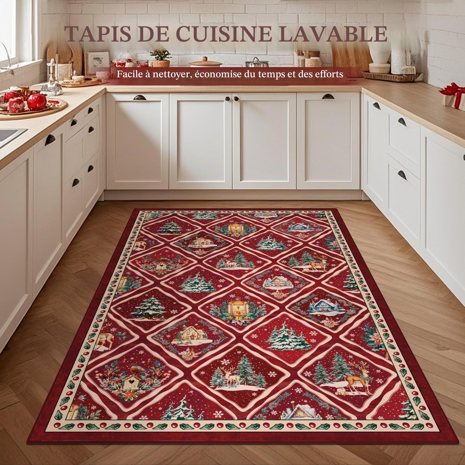 Tapis de Noël pour salon, 120 x 180 cm, lavable, rouge, antidérapant, doux, à poils courts, pour salle à manger, chambre d'enfant, bureau, décoration de vacances