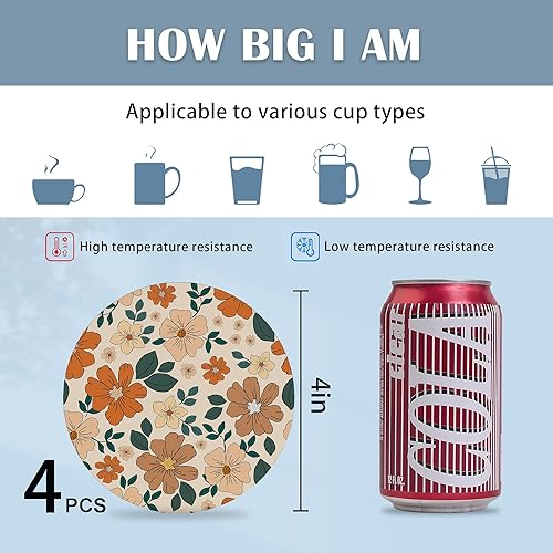 Miniatura 2 de Posavasos para bebidas, juego de 4 posavasos absorbentes, posavasos de cerámica retro de los años 70 con base de corcho, posavasos para protección