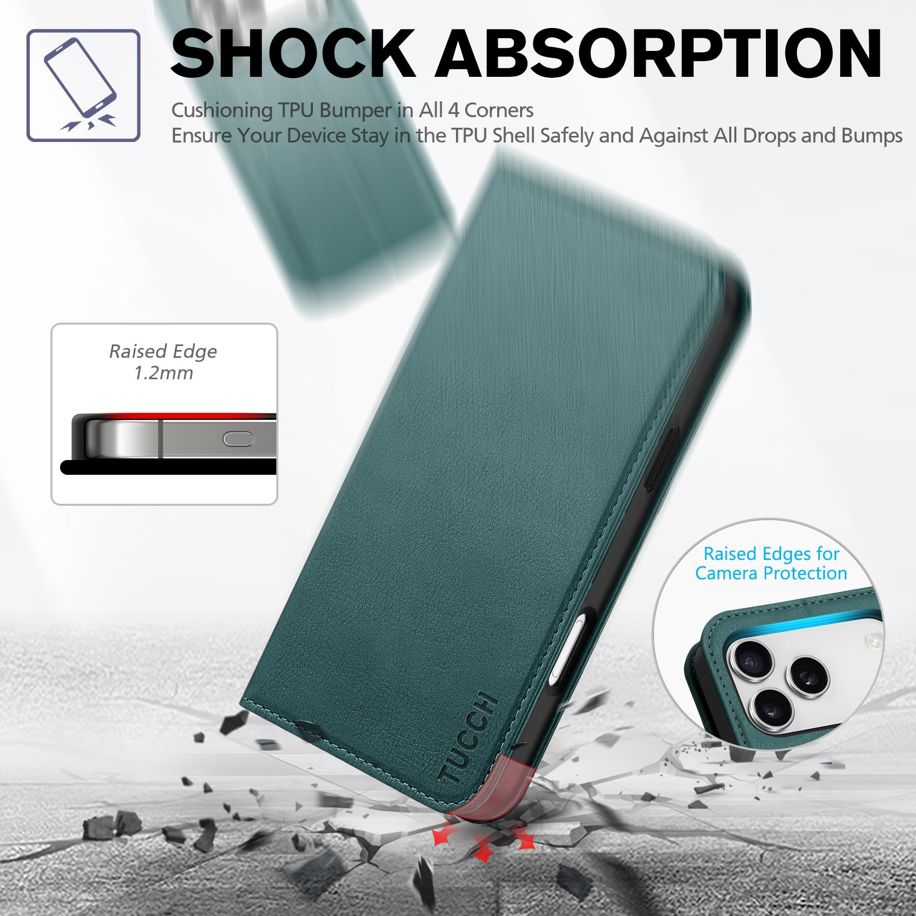 TUCCH Funda Piel para iPhone 17 Pro MAX 6,9-Pulgadas 5G 2025 [Bloqueo RFID] | Funda TPU A Prueba de Golpes Ranuras Tarjetas, Función Soporte Carcasa Case Protección Completa, Verde Pino Texturizado