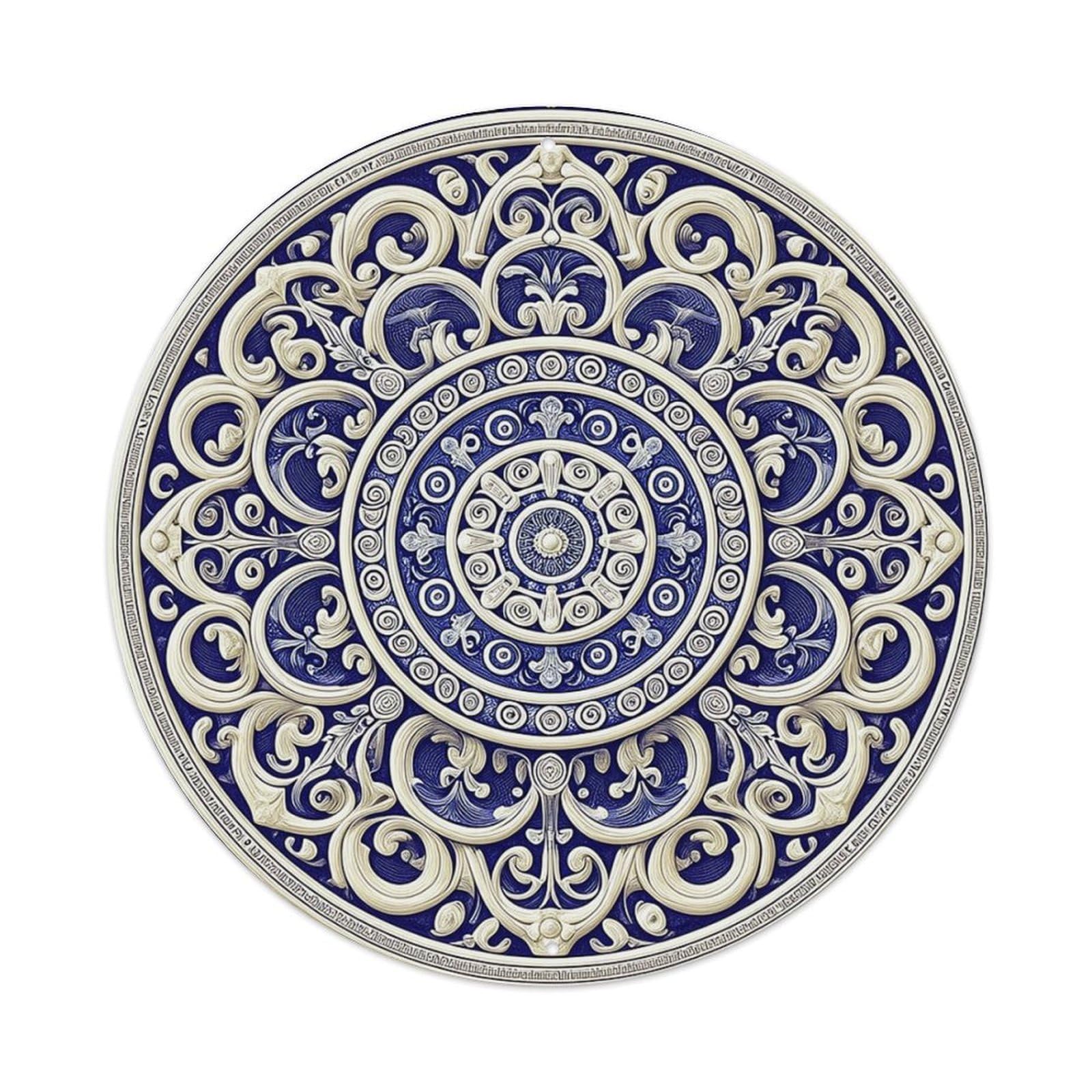Blue And White Ornate Circular Pattern Vintage Round Tin Sign Retro Metal Wall Decor Metal Poster, Home Bar Garage Cafe Wall Art Decoration 8x8Inches