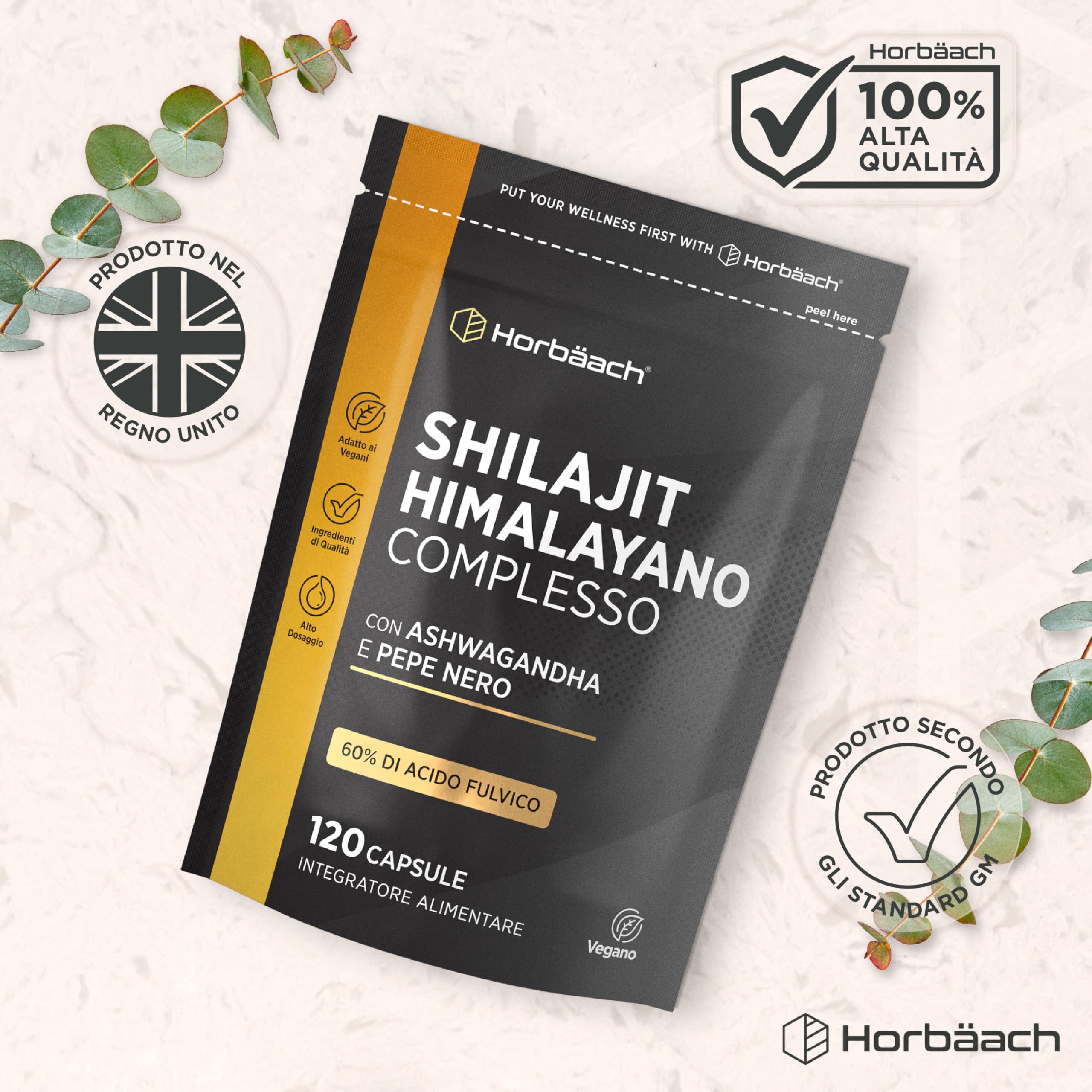 Shilajit Himalayano Puro Capsule | 1500 mg | 60% di Acido Fulvico | 120 Capsule Vegane | Integratore Alimentare di Estratto di Shilajit dalla Fonte Himalayana | Shilajit Complex | Horbaach