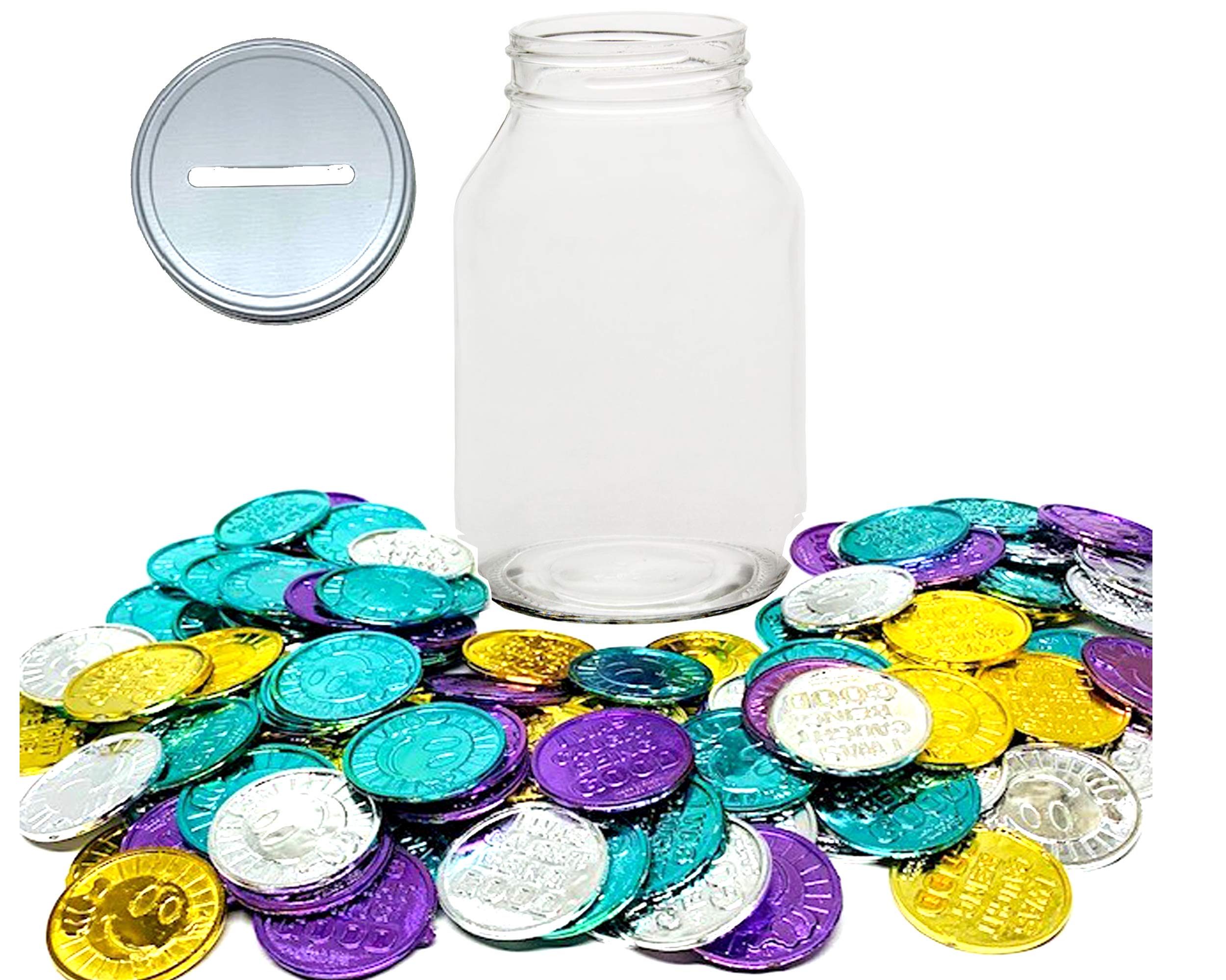 Jarming Collections Reward Jar - Mason Jar w/ Slotted Lid, Multipurpose Small Mason Jars, Reward or Money Saving Jar w/ 100 Pieces Plastic Coins, Piggy Bank Classroom Incentives