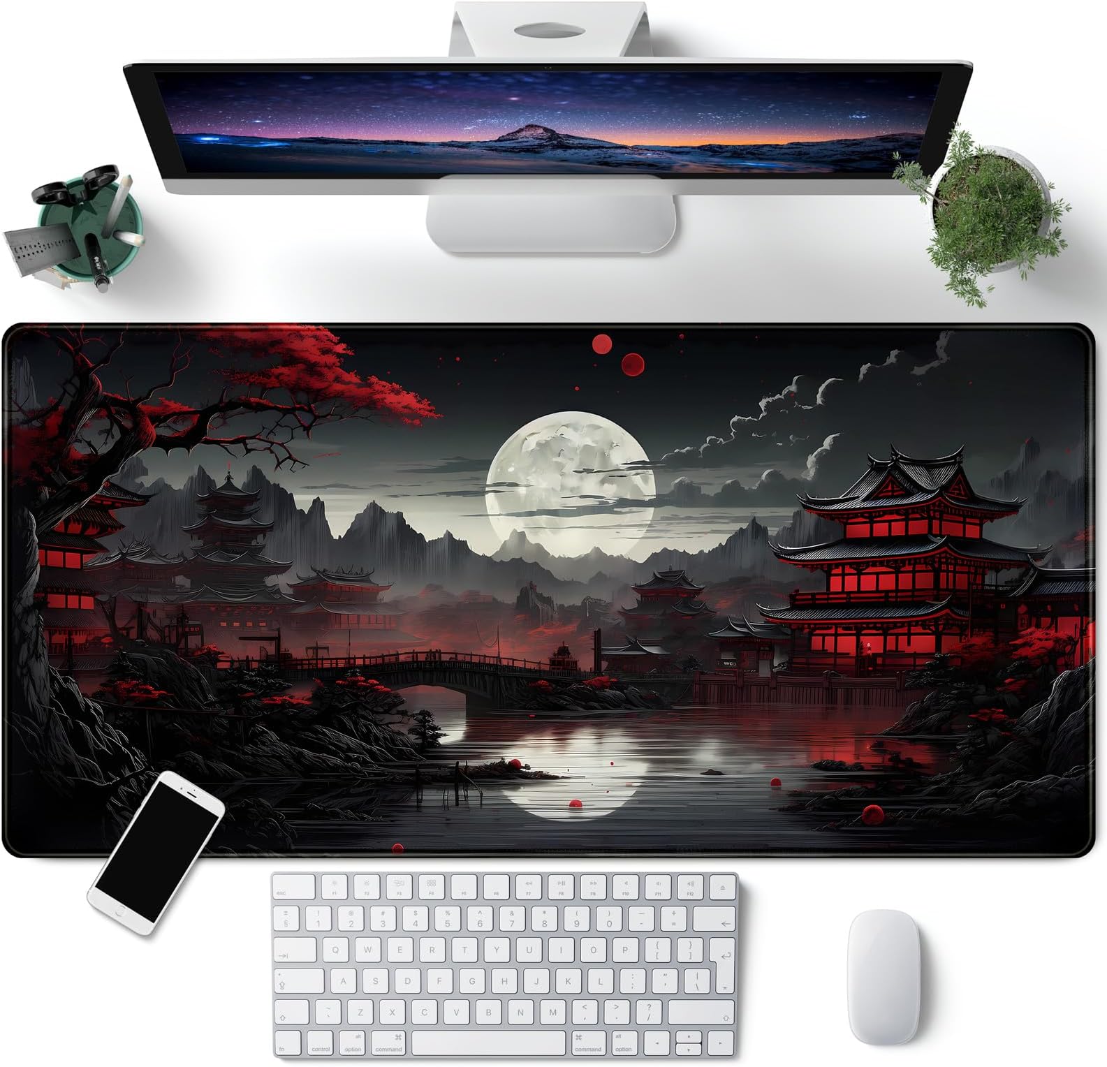 CYZFF Japanese Desk Mat Riverside Full Moon Desk Pad Black Red Large Mouse Pad Gaming Mousepad Extended XXL Keyboard Pad 31.5 x 15.7 in Laptop Computer Mouse Keyboard Mat for Office Desk Decor
