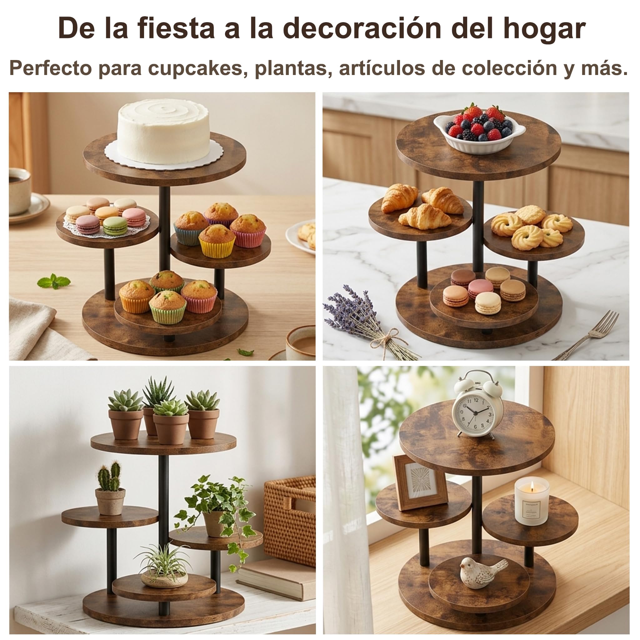 FUSHITON Soporte para Pasteles 4 Niveles Giratorio 360° en MDF con Revestimiento de Melamina y Metal, Exhibidor para Cupcakes, Tartas, Frutas, Plantas, Decoración, Altura 32,5 cm, Bandejas Ø30/20 cm