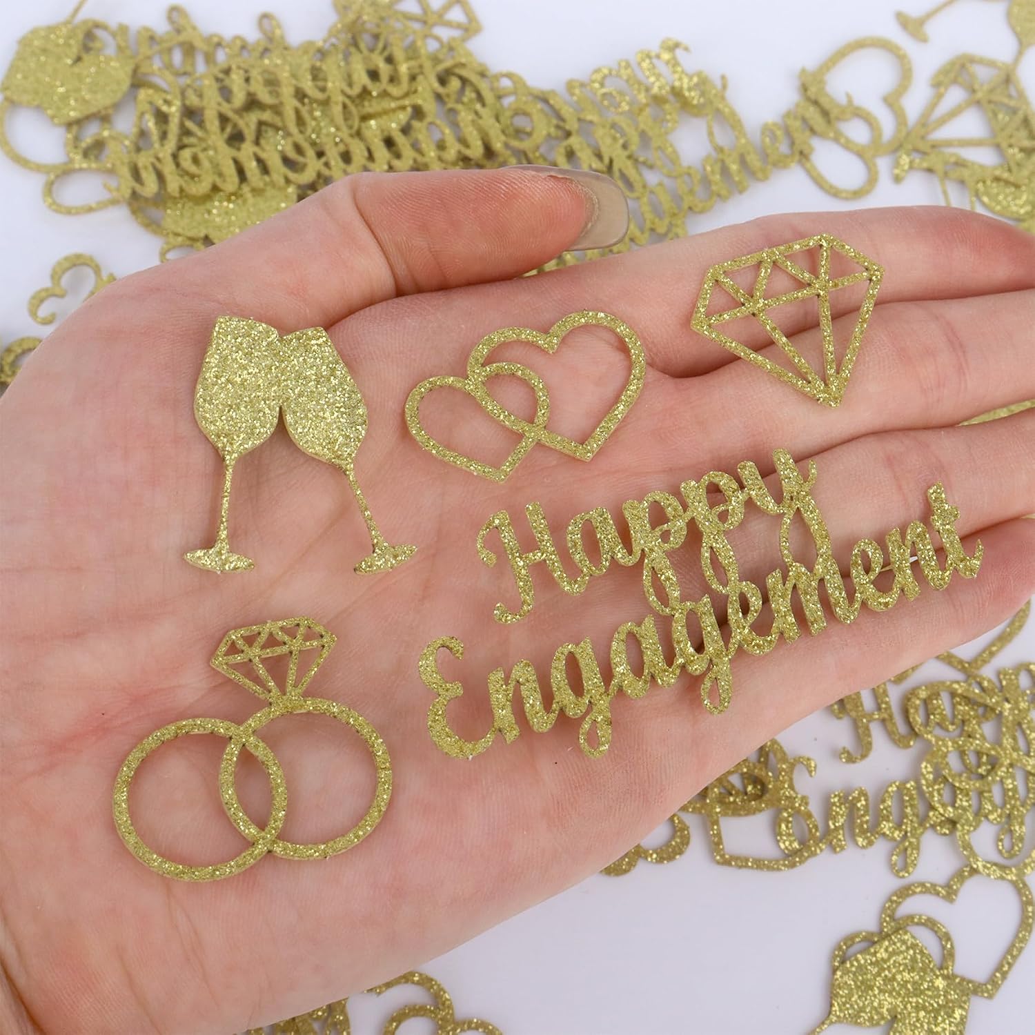 100PCS Gold Glitter Engagement Confetti, Happy Engagement Diamond Ring Heart Table Scatter Confetti for Engaged Wedding Bachelorette Party Decorations
