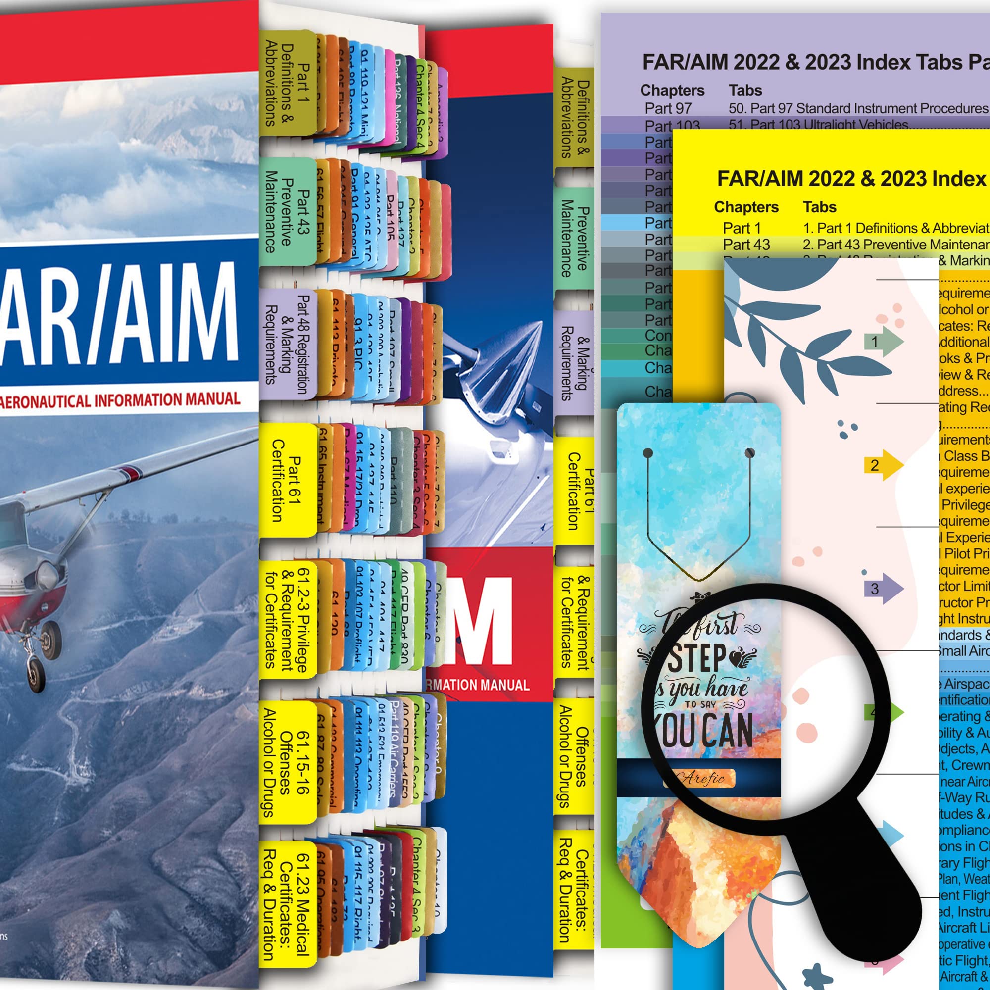 FAR/AIM 2023 & 2022 Tabs, Tear-Resistant Color-Coded and Laminated Tabs for Private Pilot Exam with a 3X Page Magnifying Lens, an Alignment Guide and a Bookmark (Book not Included)