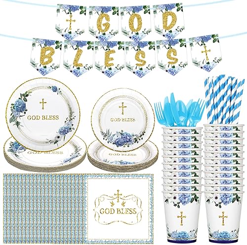 Zubebe 193 platos de bautismo y servilletas, suministros de fiesta, decoraciones para la primera comunión, incluyen platos de papel desechables de