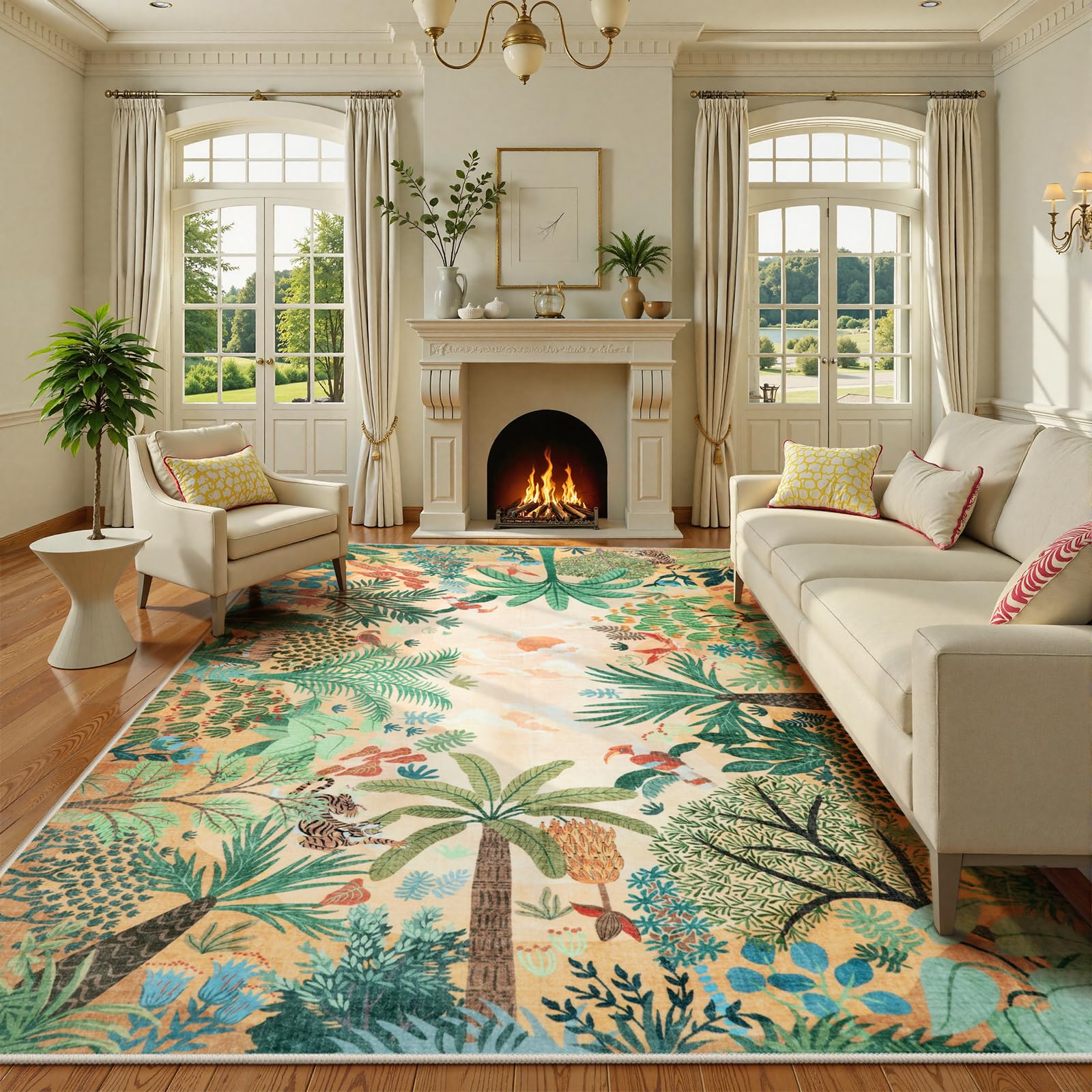 LIVEBOX Boho 8x10 Area Rugs for Living Room, Washable Soft Jungle Animal Print Rug for Bedroom, Farmhouse Non Slip Rug Floor Carpet, Forest Dining