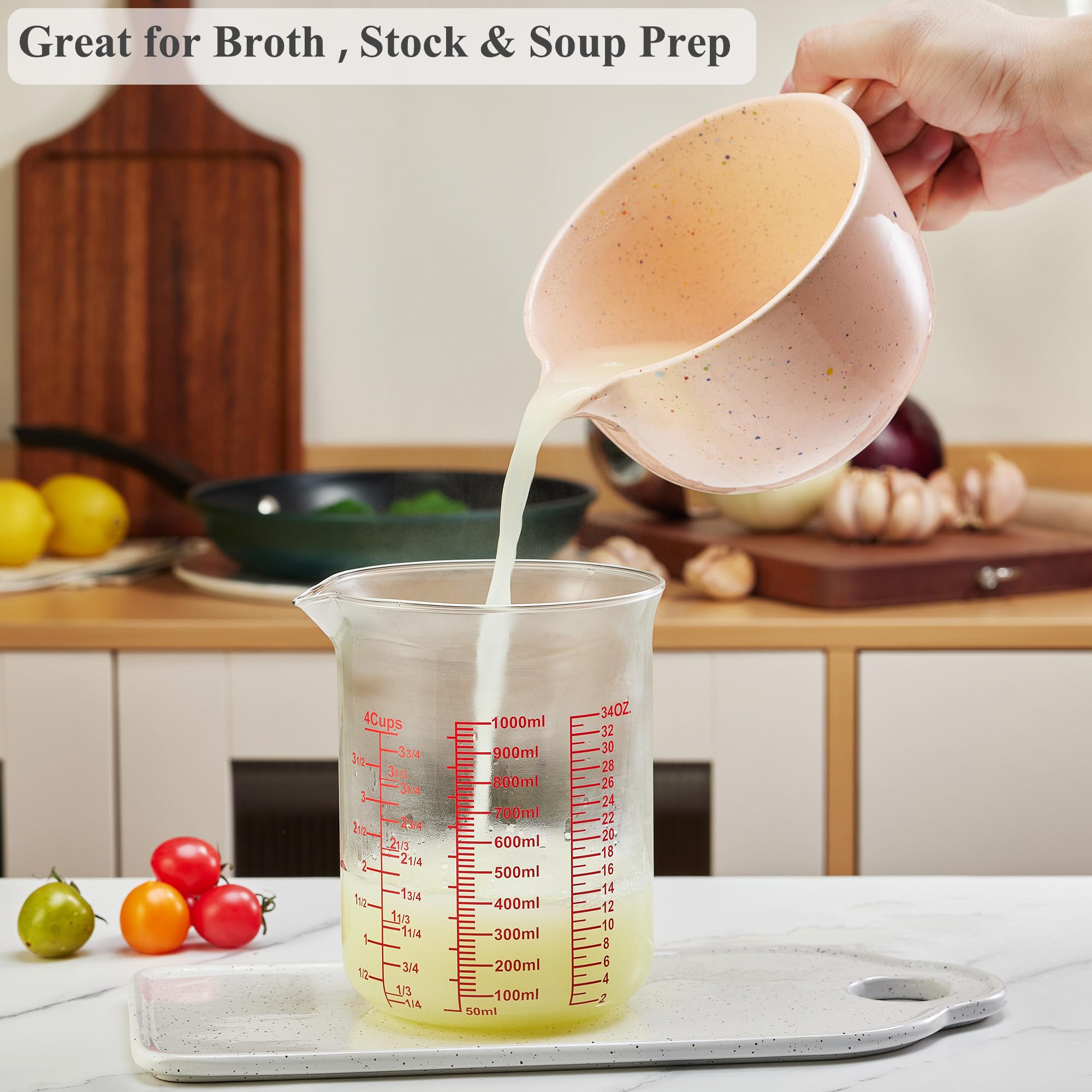 Vaso medidor de vidrio de borosilicato alto, boquilla en forma de V, vaso medidor de vidrio para cocina o restaurante, fácil de leer, 1000 ml (32 onzas, 4 tazas)