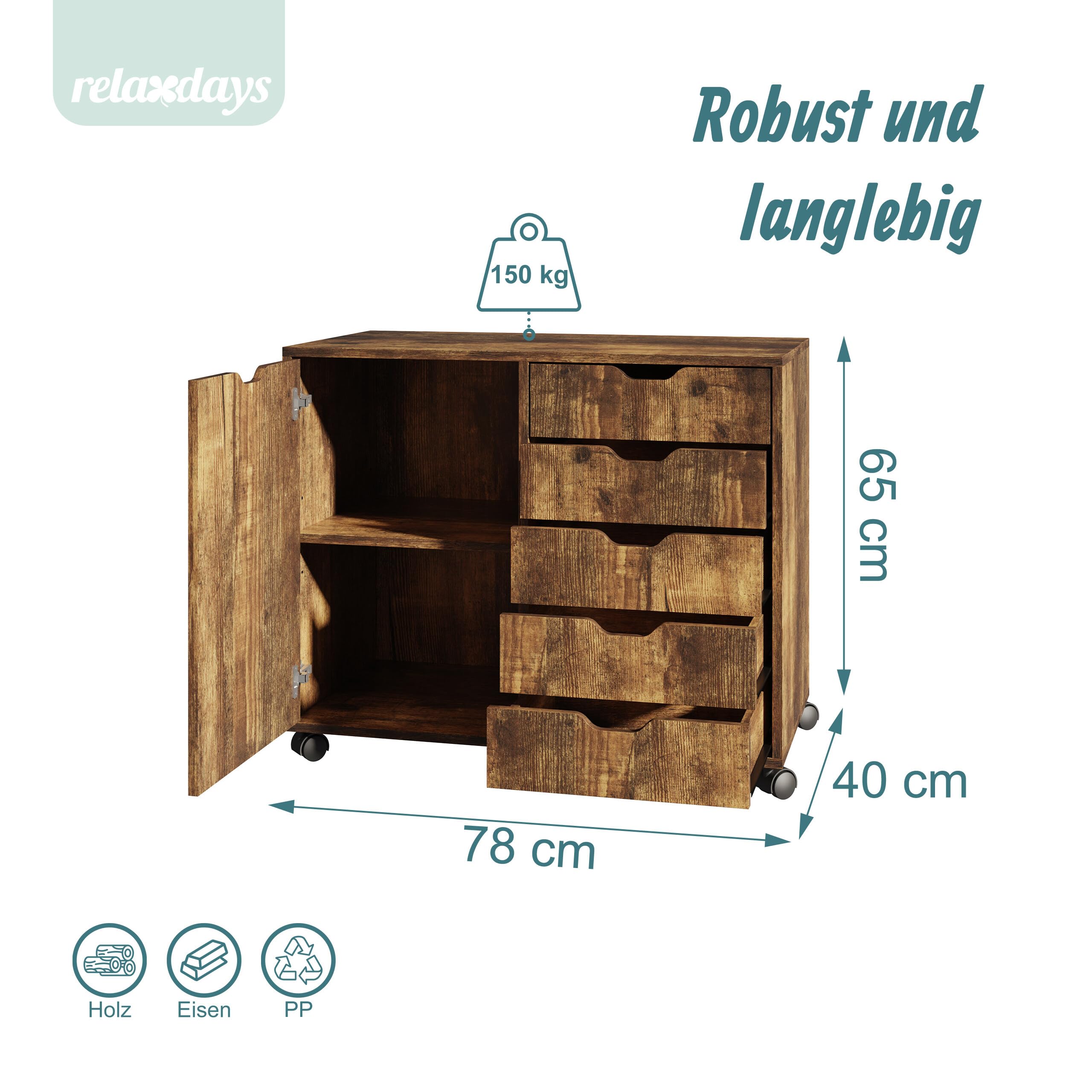Relaxdays Rollcontainer, 5 Schubladen & 2 Fächer, HBT: 65x78x40 cm, Büroschrank, Aktenschrank mit Rollen, Büro, braun