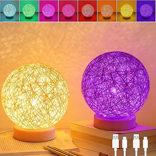 2 pack modern Rattan woven table Lamp,bedside lamps rechargeable dimmable,boho wicker bedside lamp,small lamps for small spaces,bamboo woven nightstand desk lamp for bedrooms living rooms desks office