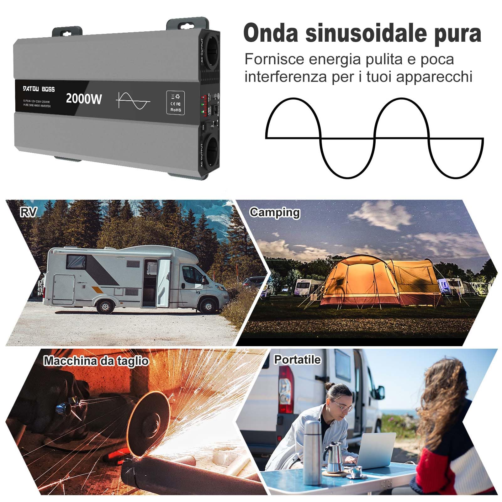 DATOUBOSS Inverter 12v 220v/230v Onda Pura 2000w, Inverter Onda Pura 2000w, Convertitore 12v 220v, Con Presa AC e Porta USB 3A Per Casa, Camper, Camion (SAK-12v2000w)