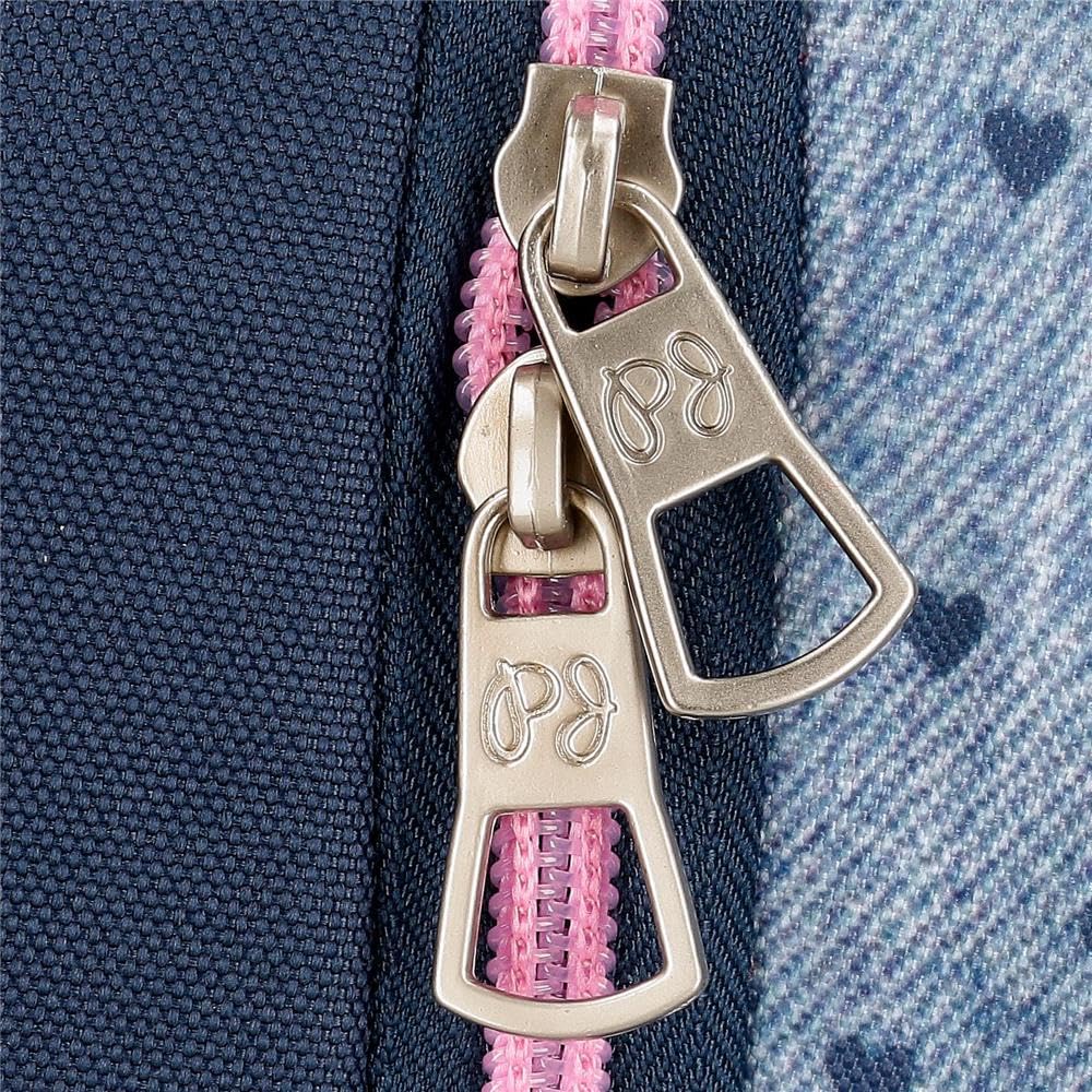 Pepe Jeans Noni denim Mochila escolar, azul y rosa, fabricada en Poliéster, Tirantes ajustables para llevarla cómodamente, varios compartimentos, Con llavero pompón, de Joumma Bags