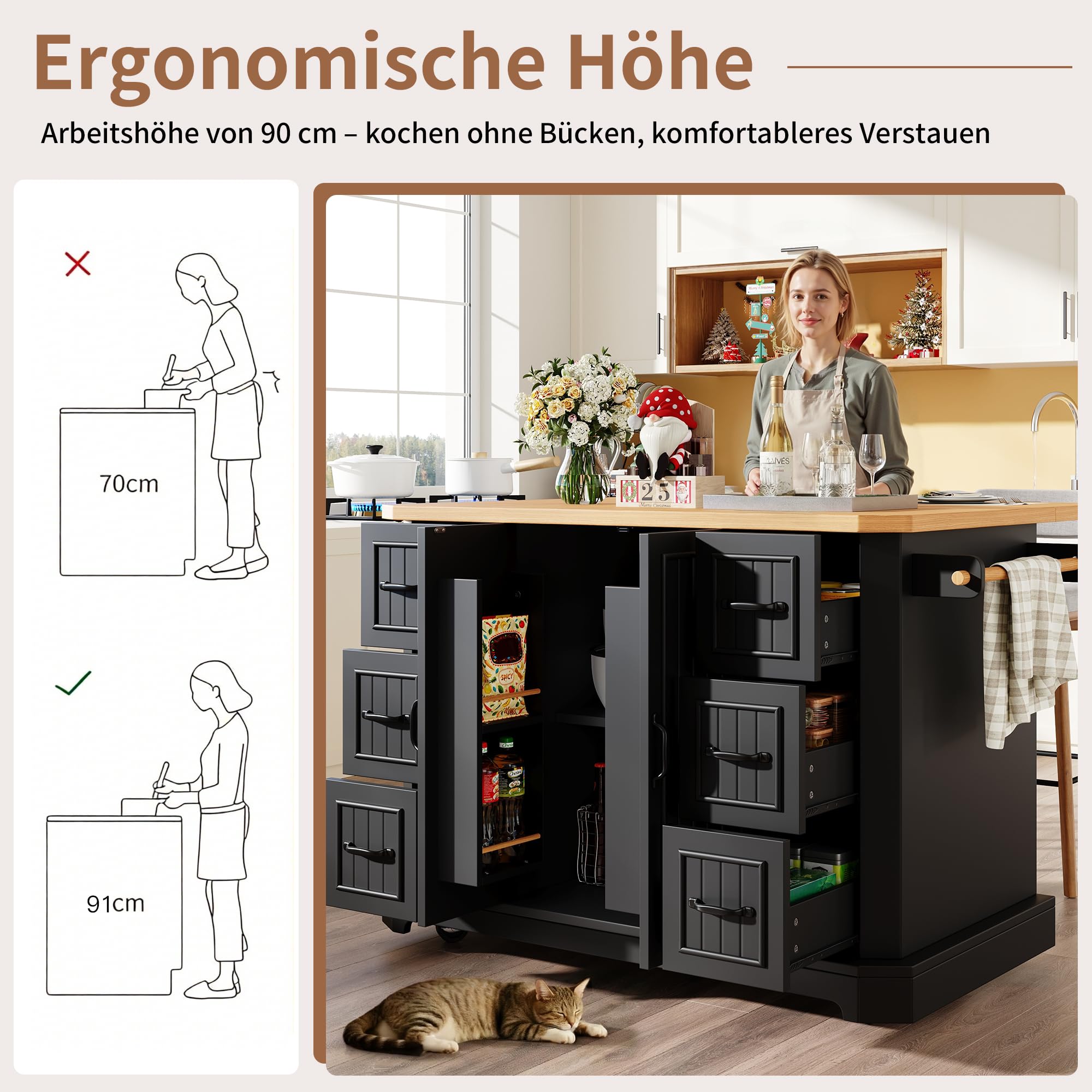 Merax Kücheninsel mit Klappbarer Arbeitsplatte, Mobiler Küchenschrank auf Rollen, Küchenwagen mit 2 Türen & 6 Schubladen, Integrierte Snack-Regale, Servierwagen für Küche & Esszimmer, Schwarz