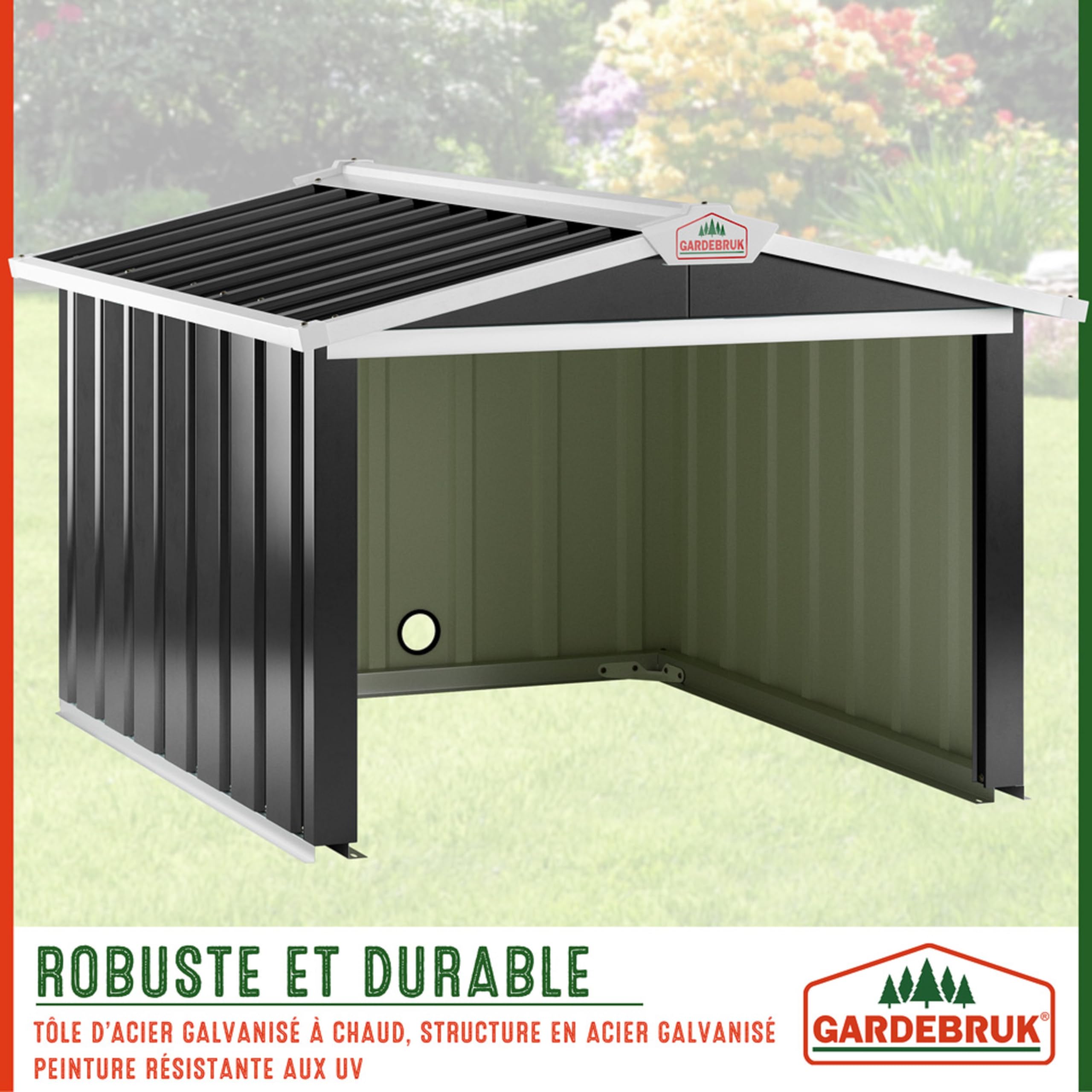 GARDEBRUK® Abri Robot Tondeuse 86x100x63cm Toit à 2 pans métal résistant intempéries 4X piquets Terre Garage Outillage carport Jardin Herbe Anthracite
