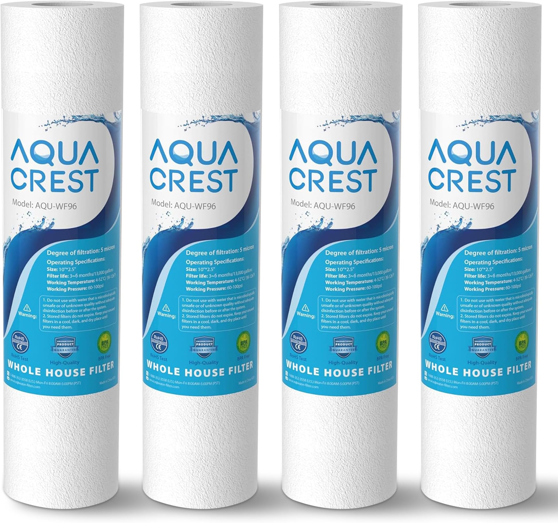 AQUA CREST 5 Micron 10" x 2.5" Whole House Sediment Water Filter, Replacement for Any 10 inch RO Unit, Culligan P5, Aqua-Pure AP110, Dupont WFPFC5002, CFS110, RS14, WHKF-GD05, Pack of 4