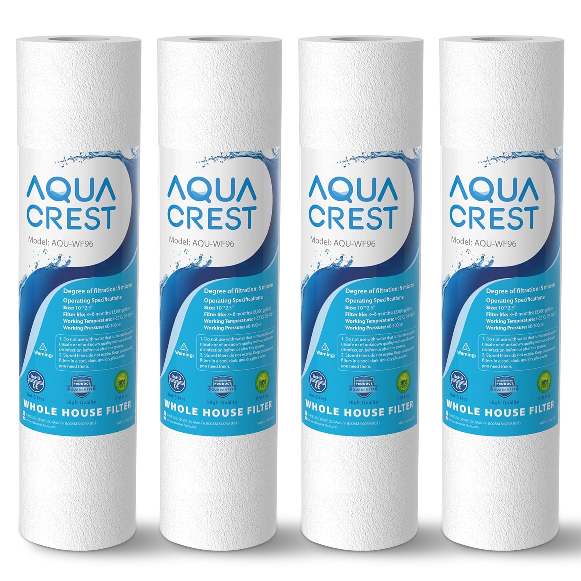 AQUA CREST AP110 Whole House Water Filter, Sediment Filter, 5 Micron, Replacement for 3M® Aqua-Pure AP110, Culligan® P5, APEC, GE FXUSC, Whirlpool®, Any 10" x 2.5" Home Water Filter, Pack of 4