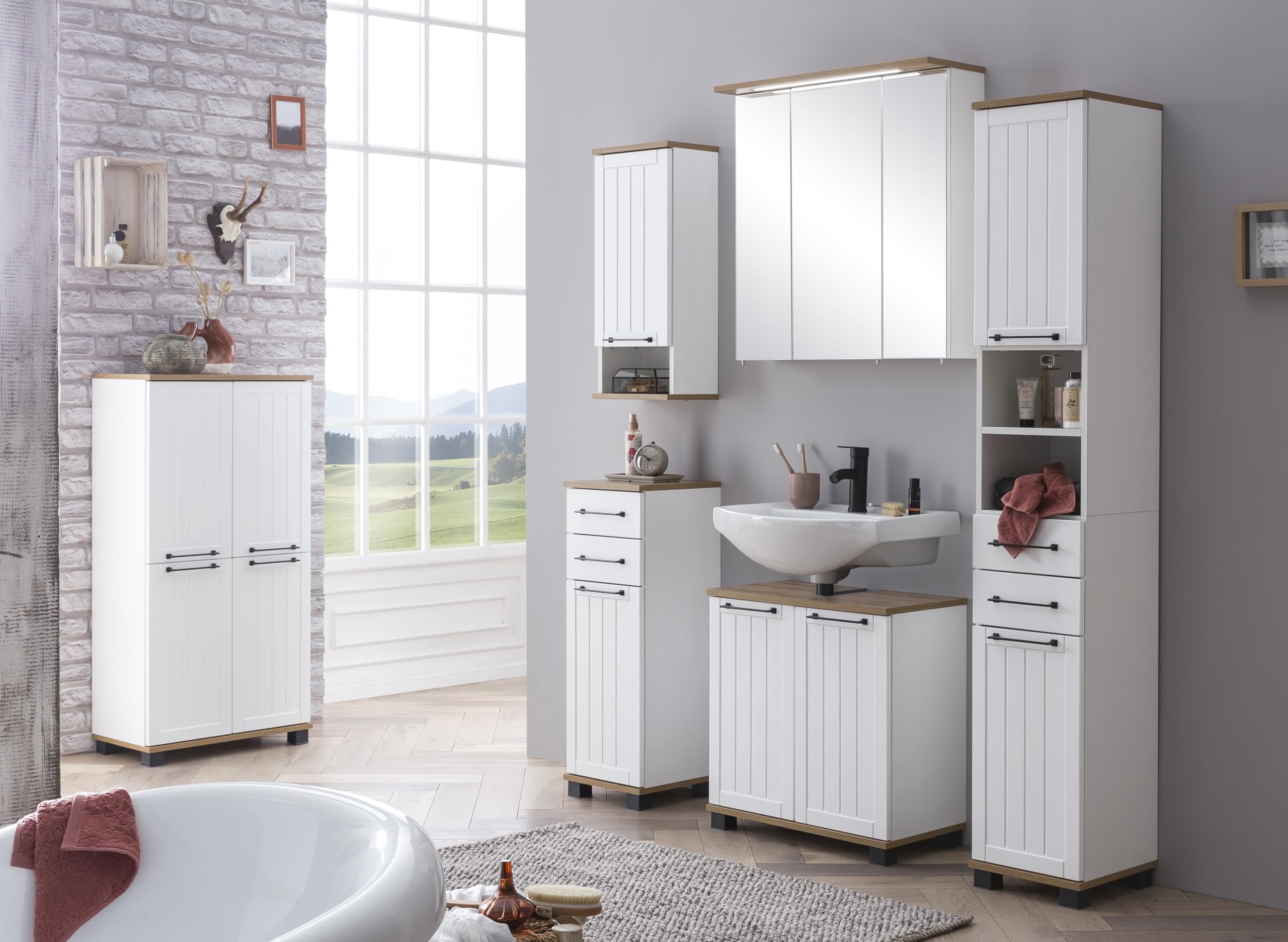 Schildmeyer Highboard Jelda 154232, matt weiß/Eiche Landhaus Dekor, 59,8 x 32,6 x 116,9 cm