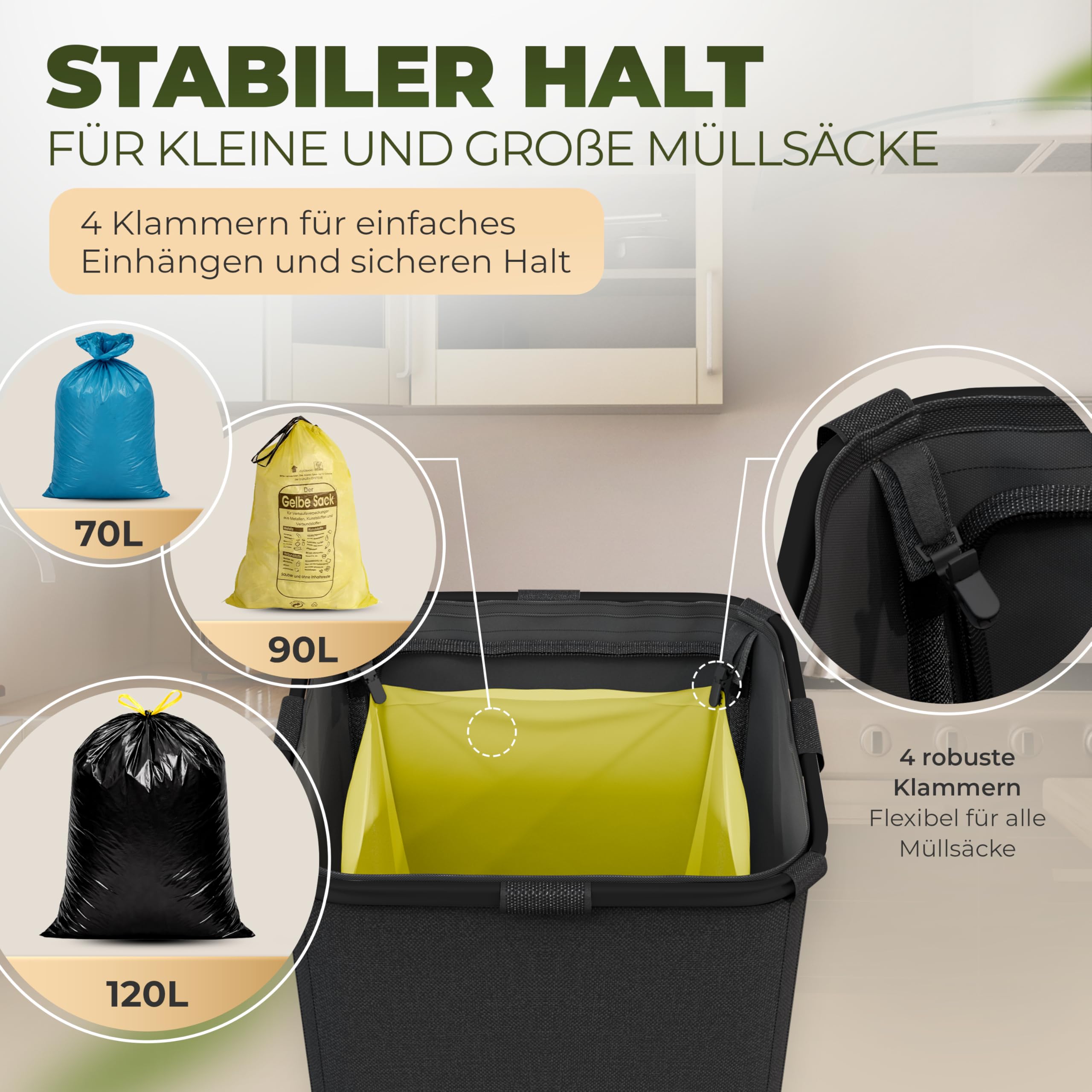COTTARA® Gelber Sack Ständer Mülleimer mit Deckel magnetisch 60-120L Müllsystem Schwarz