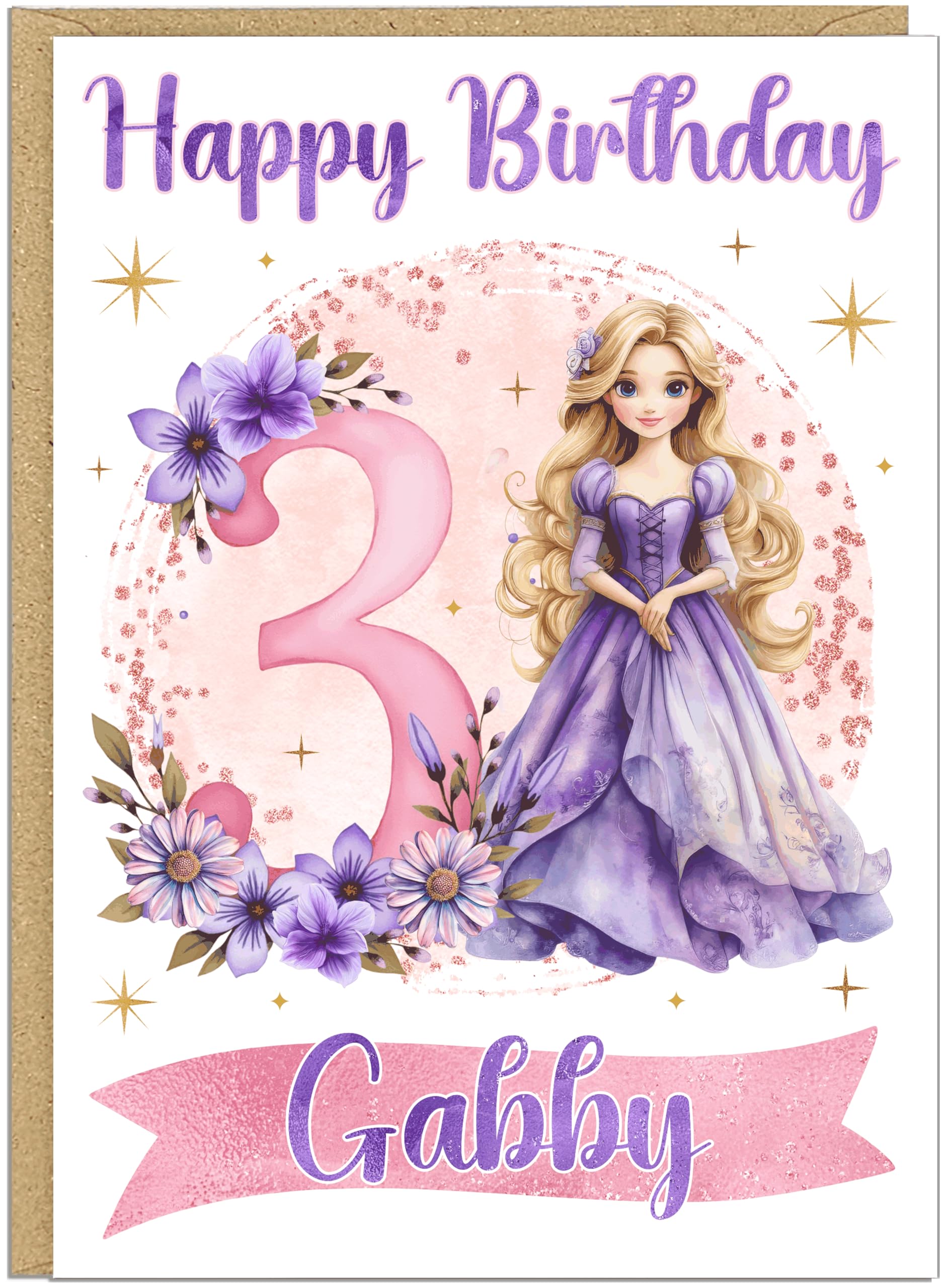 Custom Age 1st 2nd 3rd 4th 5th 6th 7th 8th 9th Birthday Cards | Purple Princess Birthday Card with Child's Name | Personalised Girls Birthday Card With Blonde Princess in Purple Gown | (Age 3)