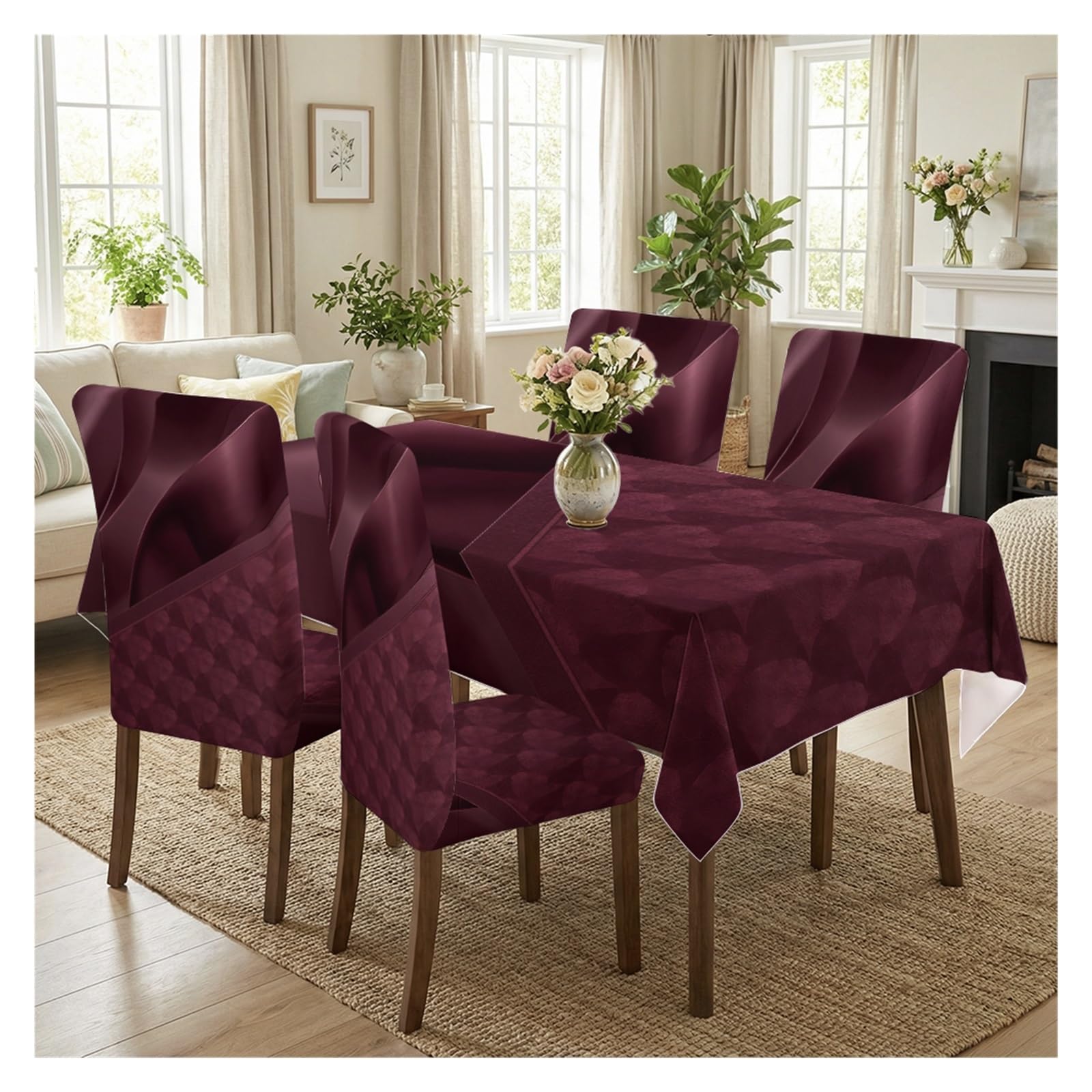 BOSUYBN Modern Wine Red Dining Set Covers, Gradient Wave Chair Slipcovers With Matching Tablecloth, 5/7 Piece For Contemporary Spaces Table Setting(5pcs Set: Tablecloth+Chair Covers)