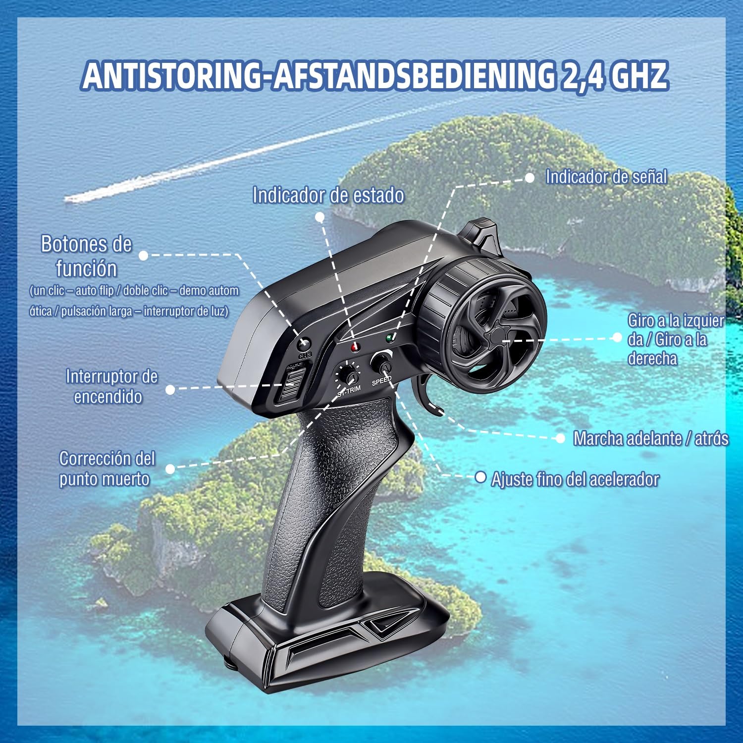 Barco teledirigido con luz LED, 25 km/h, barco teledirigido para niños | Lancha rápida de 2,4 GHz con 2 pilas para 40 minutos de tiempo de reproducción, regalo para niños a partir de 6 8 años (azul)