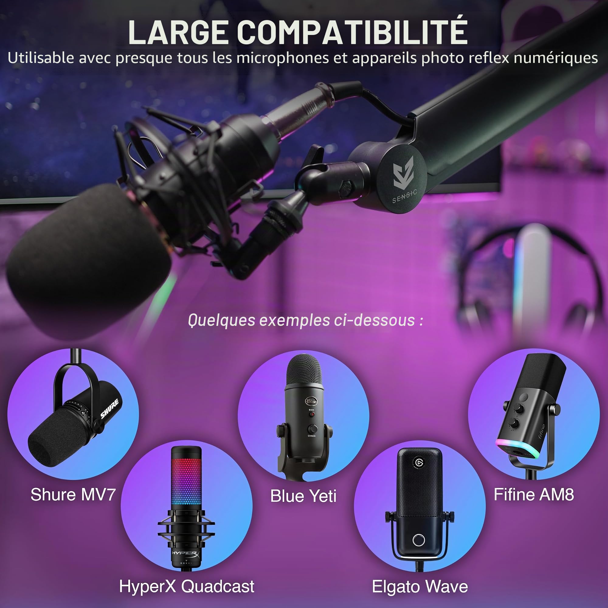 Sensic SA-30 Bras de microphone rotatif à 360° avec support de microphone de 15,2 cm, support de microphone avec adaptateurs 6,35 mm, 9,5 mm et 5/8", bras de microphone professionnel avec accessoires,
