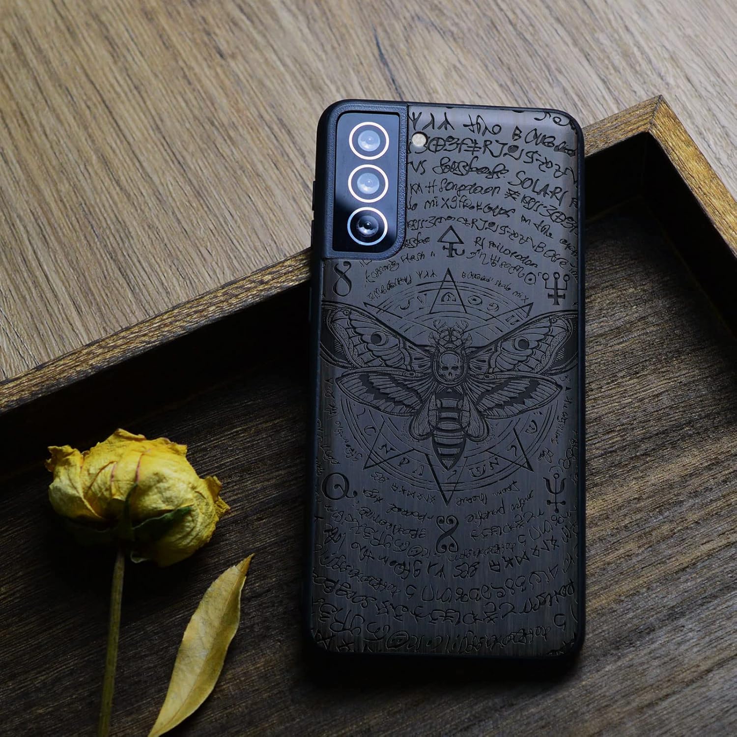 Carveit Wood Case for Galaxy S21 FE - Natural Wood & Black Soft TPU - Shockproof Protective Cover - Unique Wooden Case - Compatible with Samsung S21 FE 5G - Death's Head Moth - Blackwood