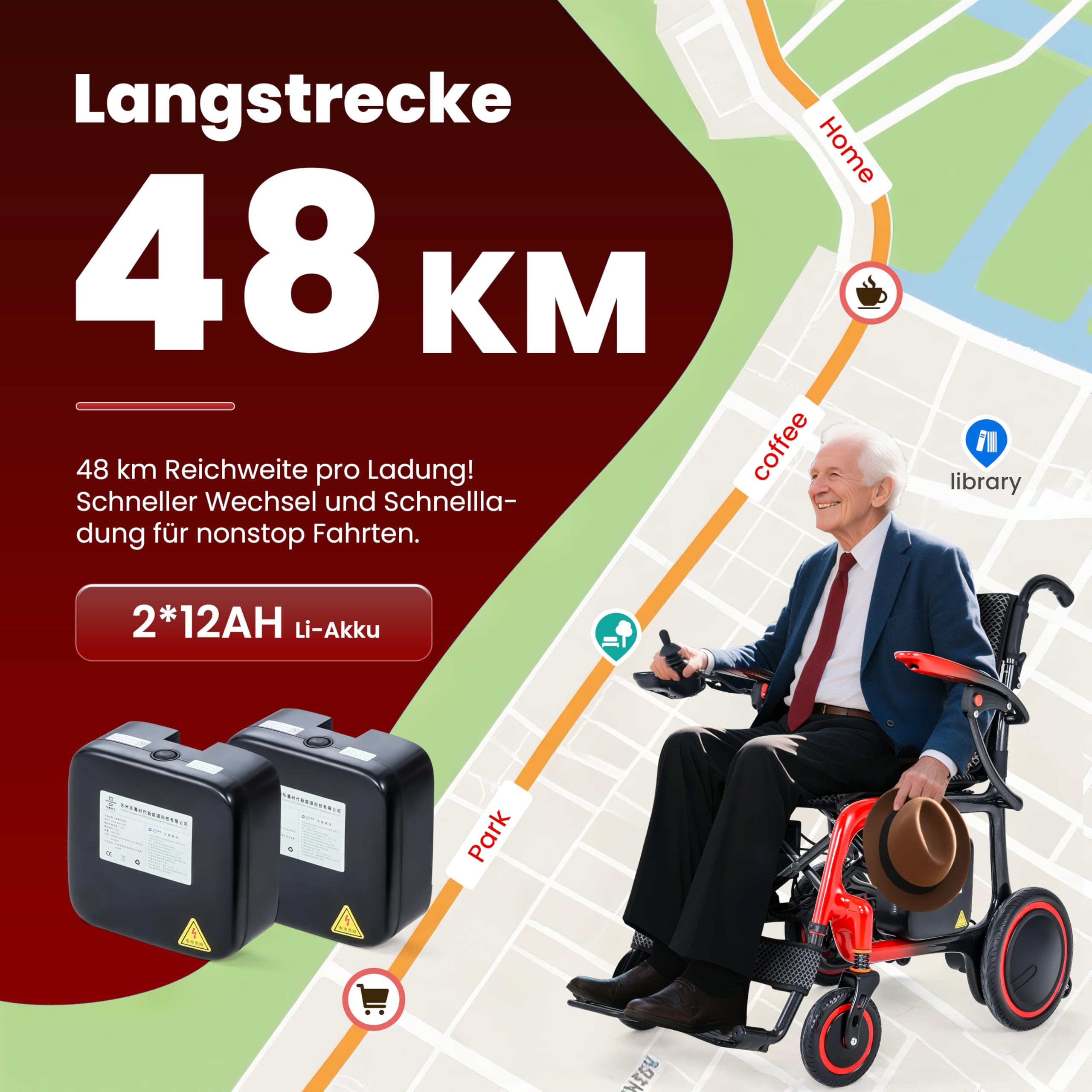 Silla de ruedas eléctrica ultraligera plegable (13 kg), 100% fibra de carbono, 2 baterías de 12 AH, 48 km de autonomía, silla de ruedas eléctrica para adultos, con cojín acolchado, mochila, bolsa