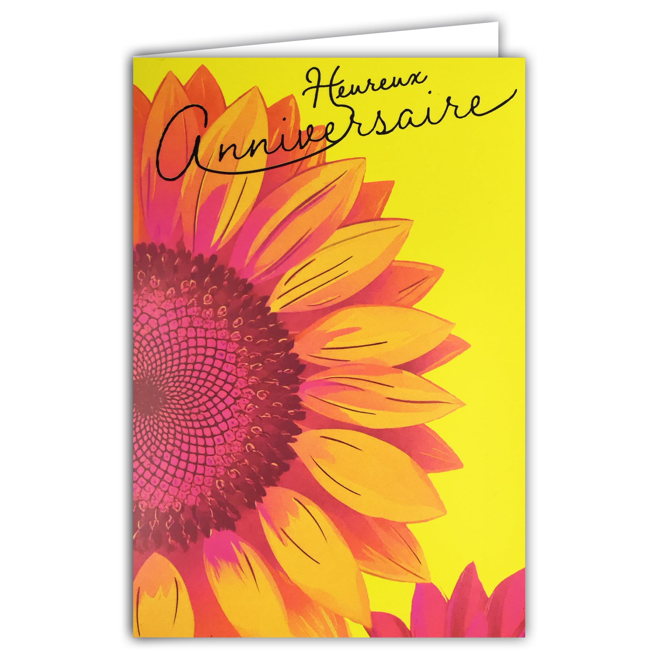 69-8103 Happy Birthday Fluorescent Card with Envelope 12 x 17.5 cm – Illustration Sunflower Gerbera Pink Orange Yellow Zoom Close Up Macro – Real Fluorescent Inks – Created and Made in France