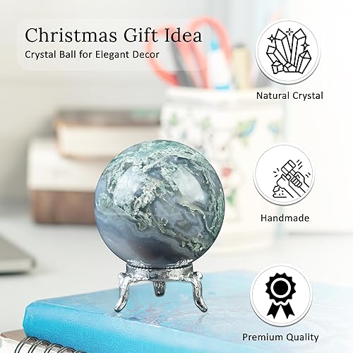 Miniatura 2 de Crocon Bola de esfera de ágata musgo de 1.772 in con soporte de metal, más de 1400 quilates, esfera de piedras preciosas curativas, escultura para