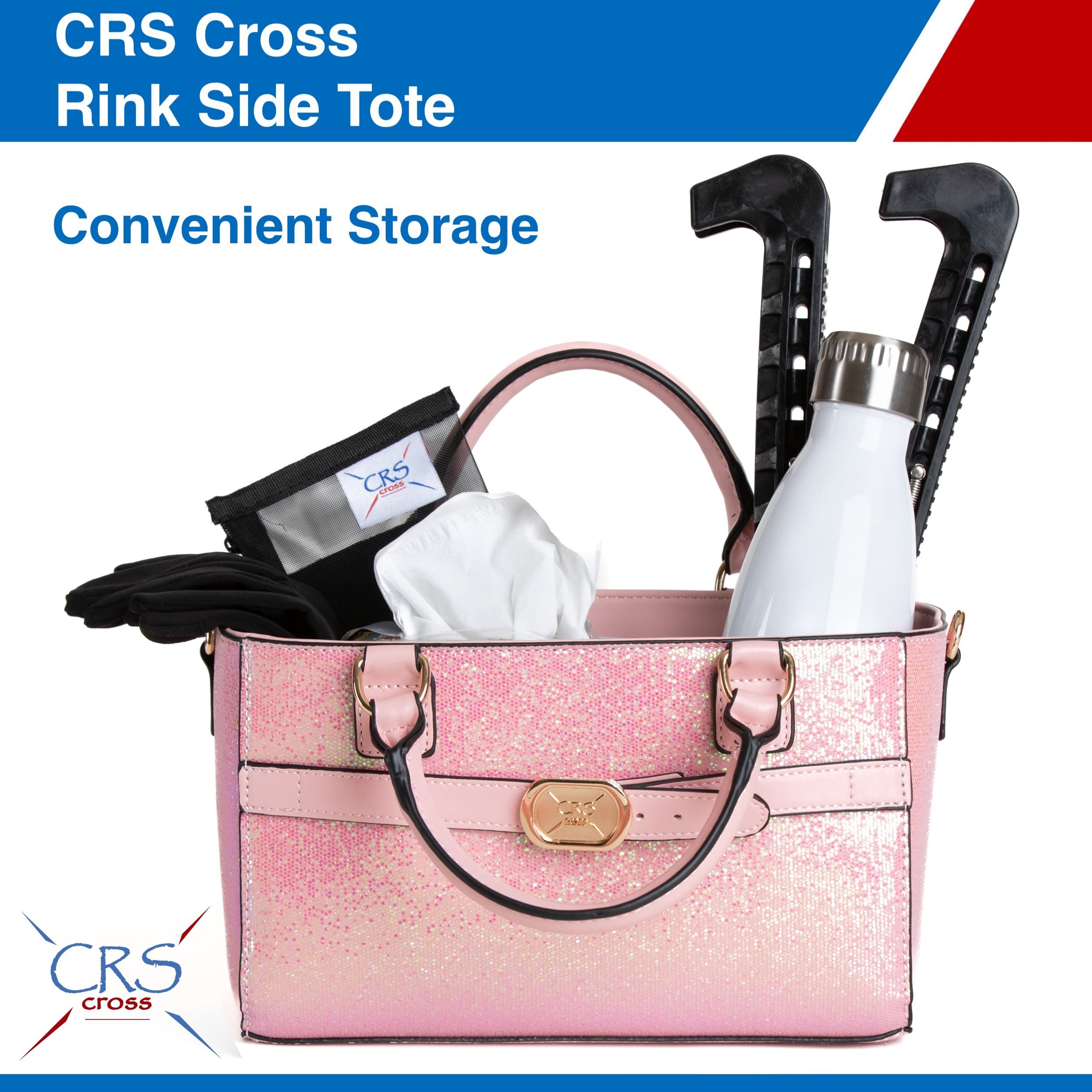 CRS Cross Rink Side Tote. Ice Skating Accessory Bag for Figure Skating, Roller and Inline Skaters, Ballet, Dance and Cheer. Organizes Guards, Water Bottle, Tissues, Phone. (Shimmer Pink Tote)